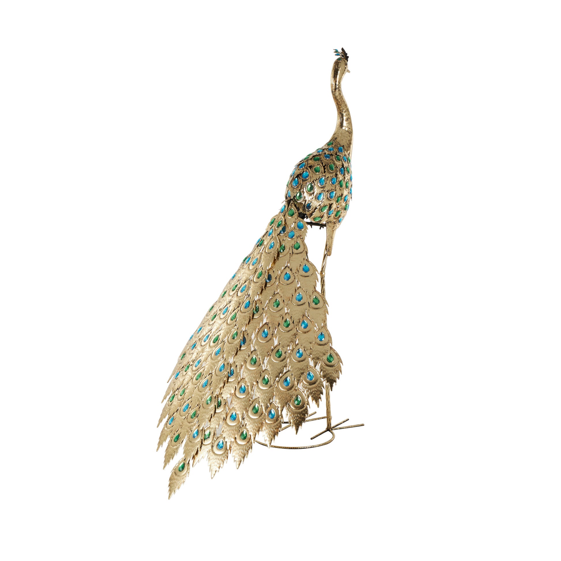 Peacock Brass Metal Decorative Garden Sculpture with Blue and Green Jewels
