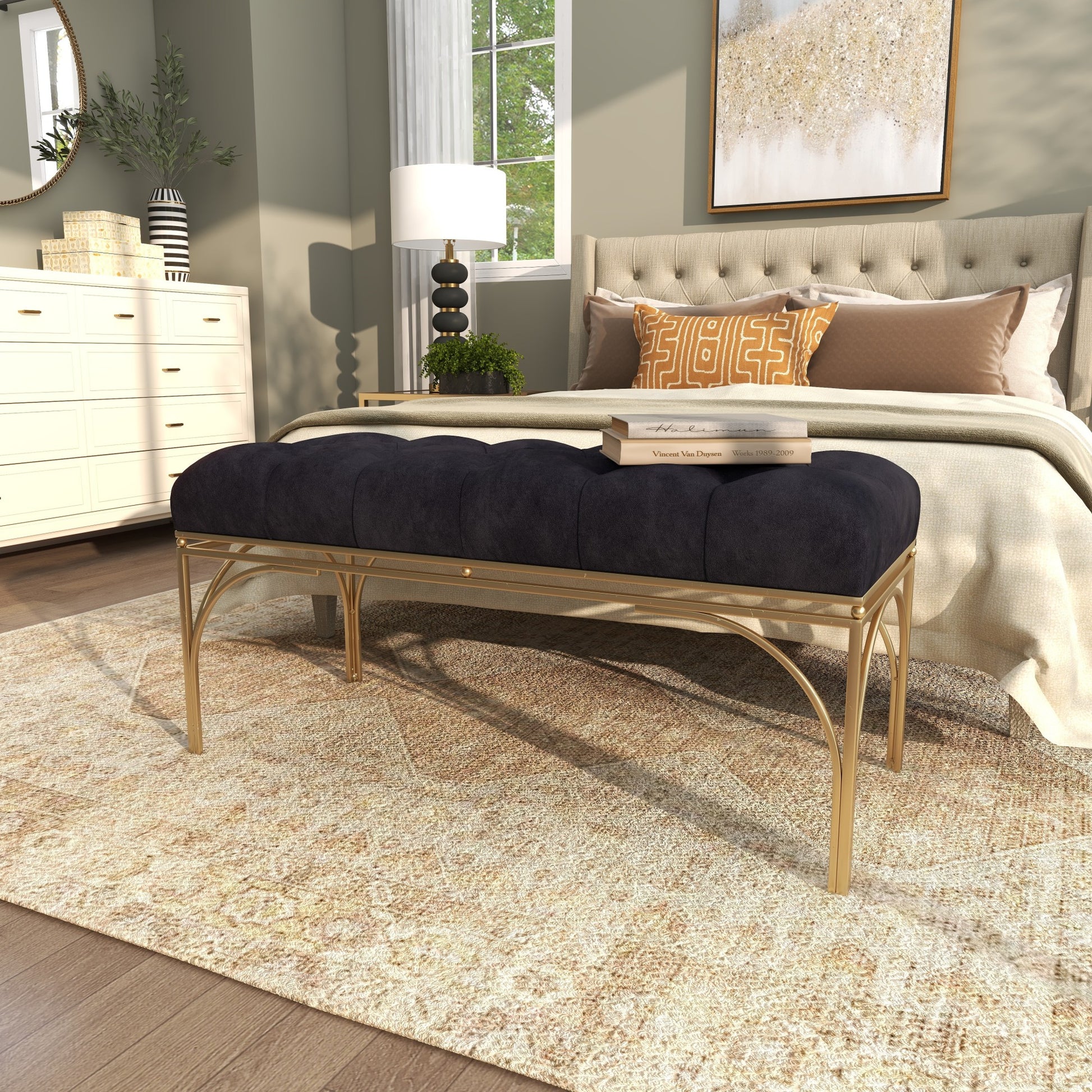 Velvet Home Bench with Gold Legs
