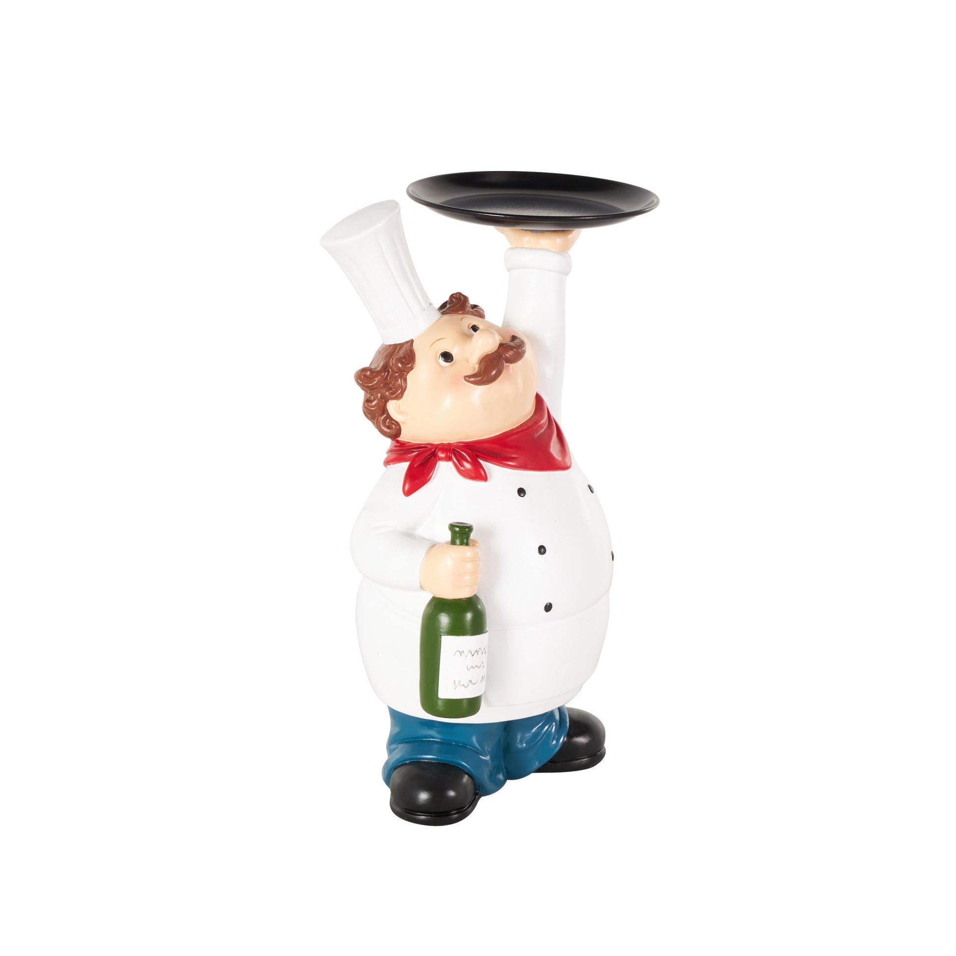 Chef White Polystone Kitchen Decorative Figurine Decorative Sculpture with Black Tray and Green Bottle
