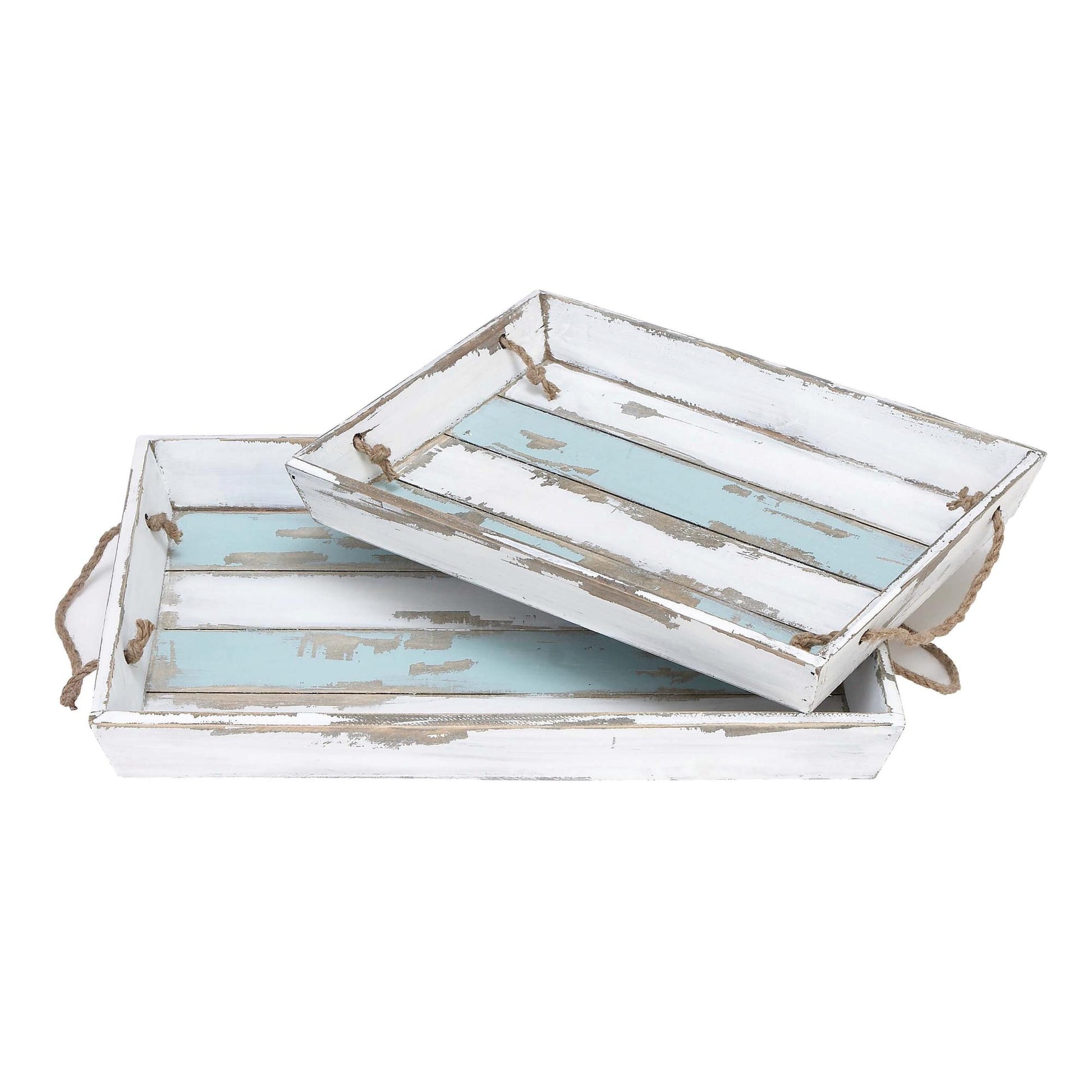 Set of 2 Nautical White Wood Distressed Living Room Decor Tray with Blue Stripes and Jute Handles