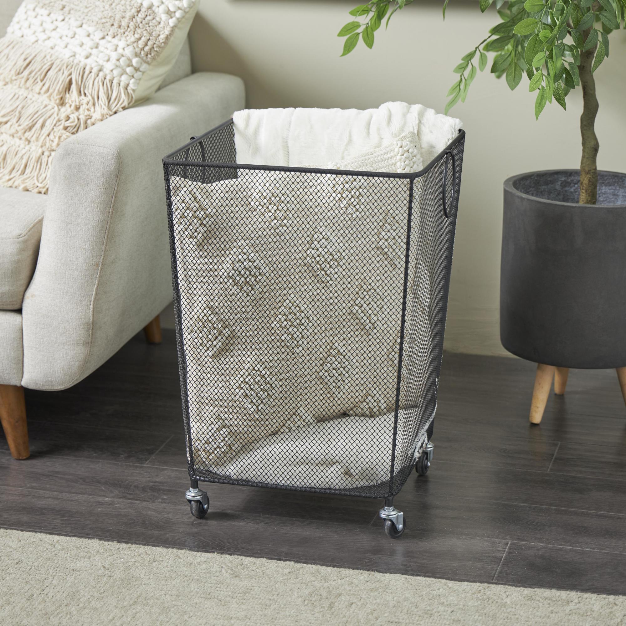Metal Square Mesh Wire Rolling Laundry Mobile Storage Cart with Ring Handles