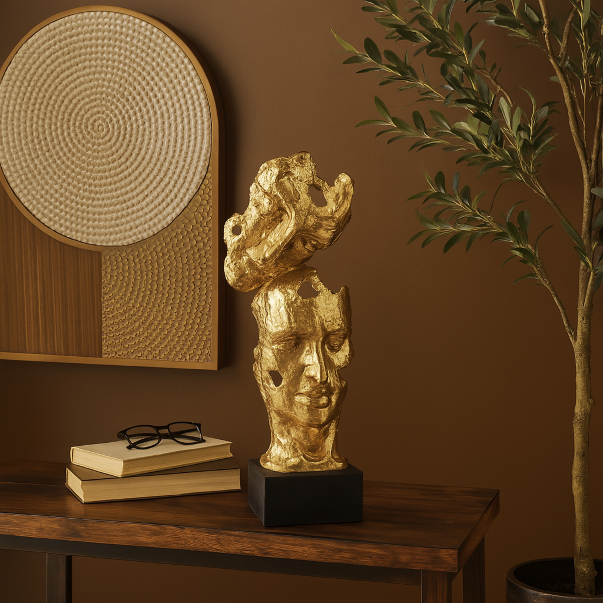 Mask Gold Polystone Stacked Face Cutout Decorative Sculpture with Black Block Base
