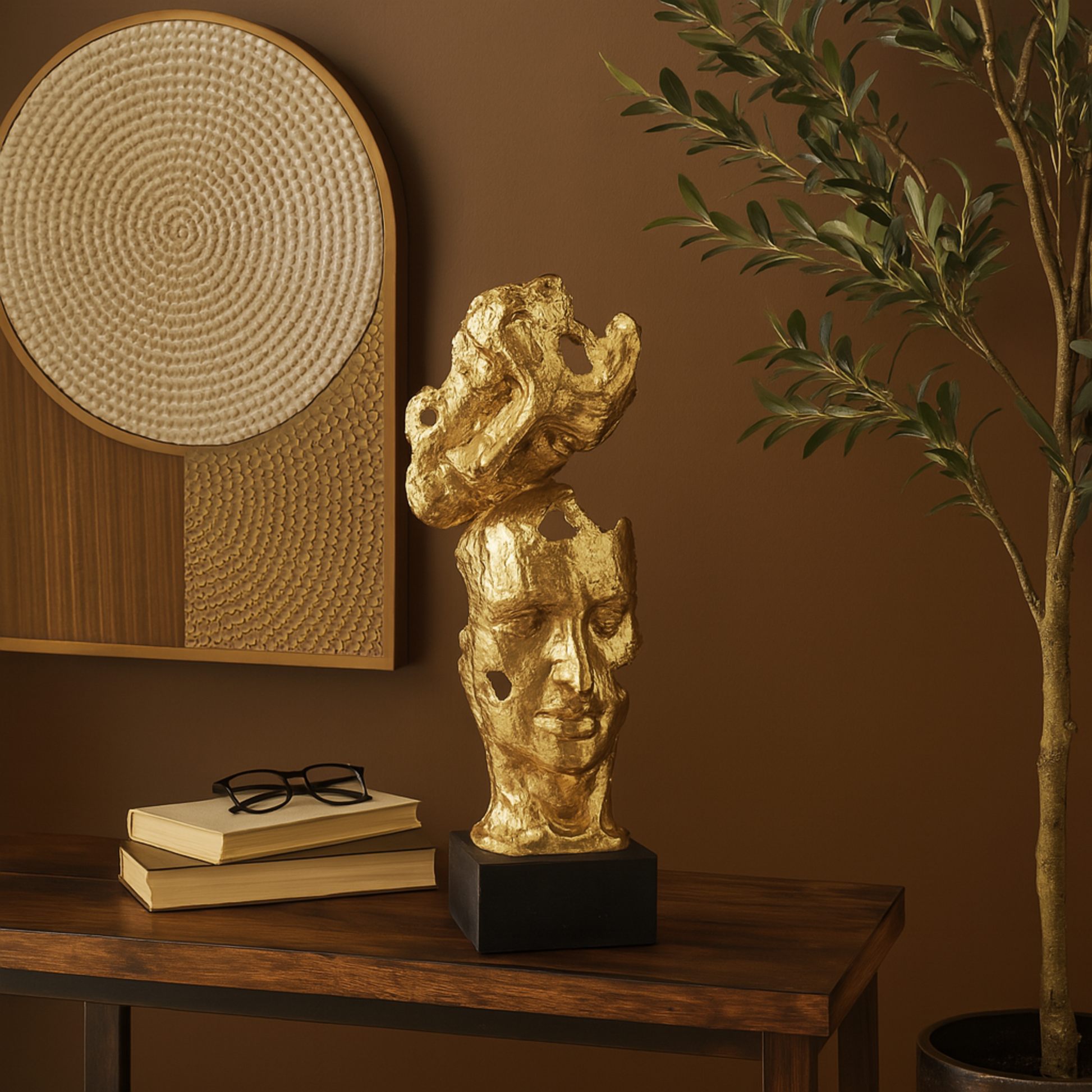 Mask Gold Polystone Stacked Face Cutout Decorative Sculpture with Black Block Base