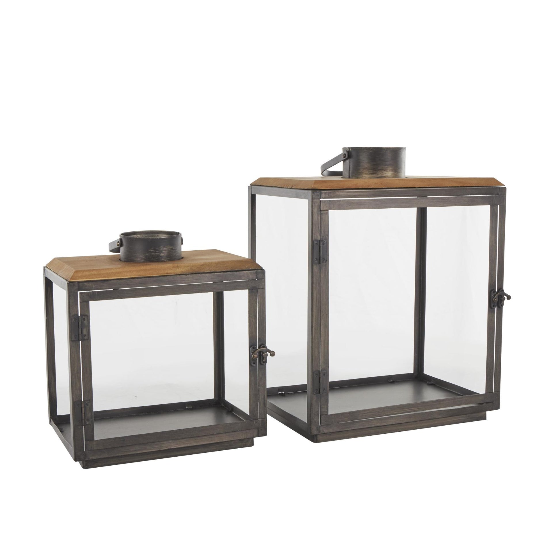 Set of 2 Dark Gray Metal Brushed Rectangular Indoor Outdoor Candle Lantern with Brown Wood Tops