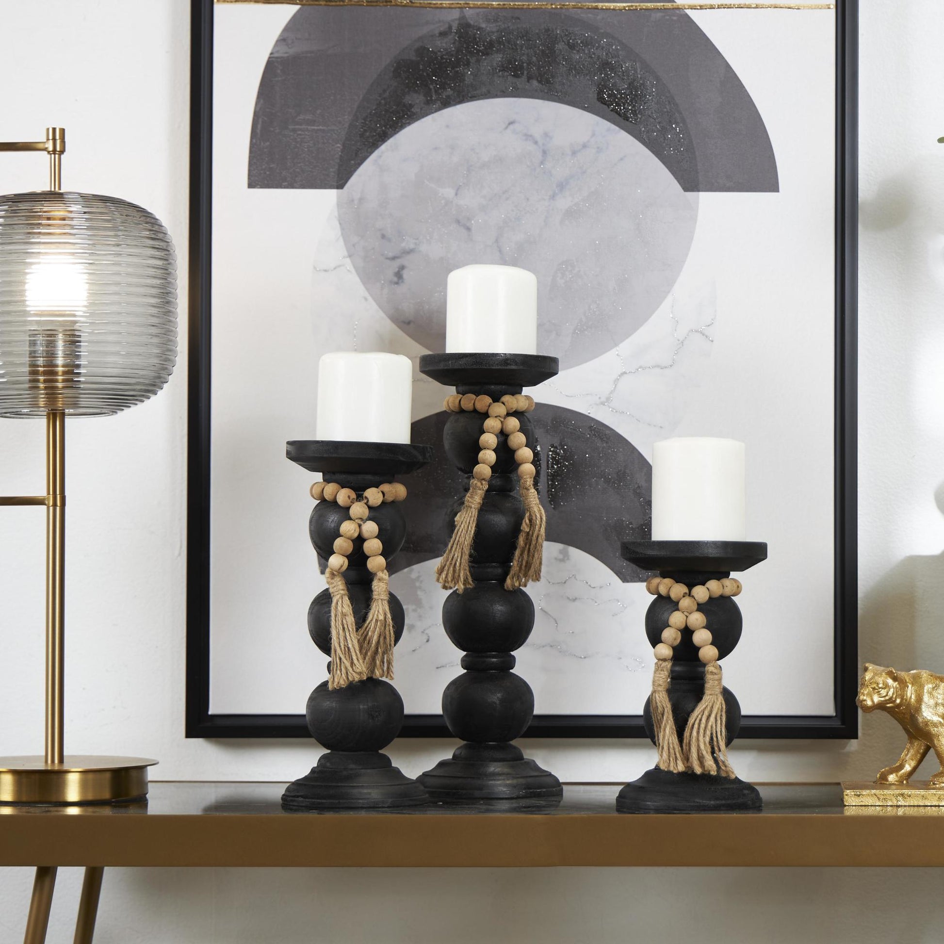 Set of 3 Black Wood Handmade Bubble Inspired Matte Decorative Candle Holder with Beaded Garland Accent