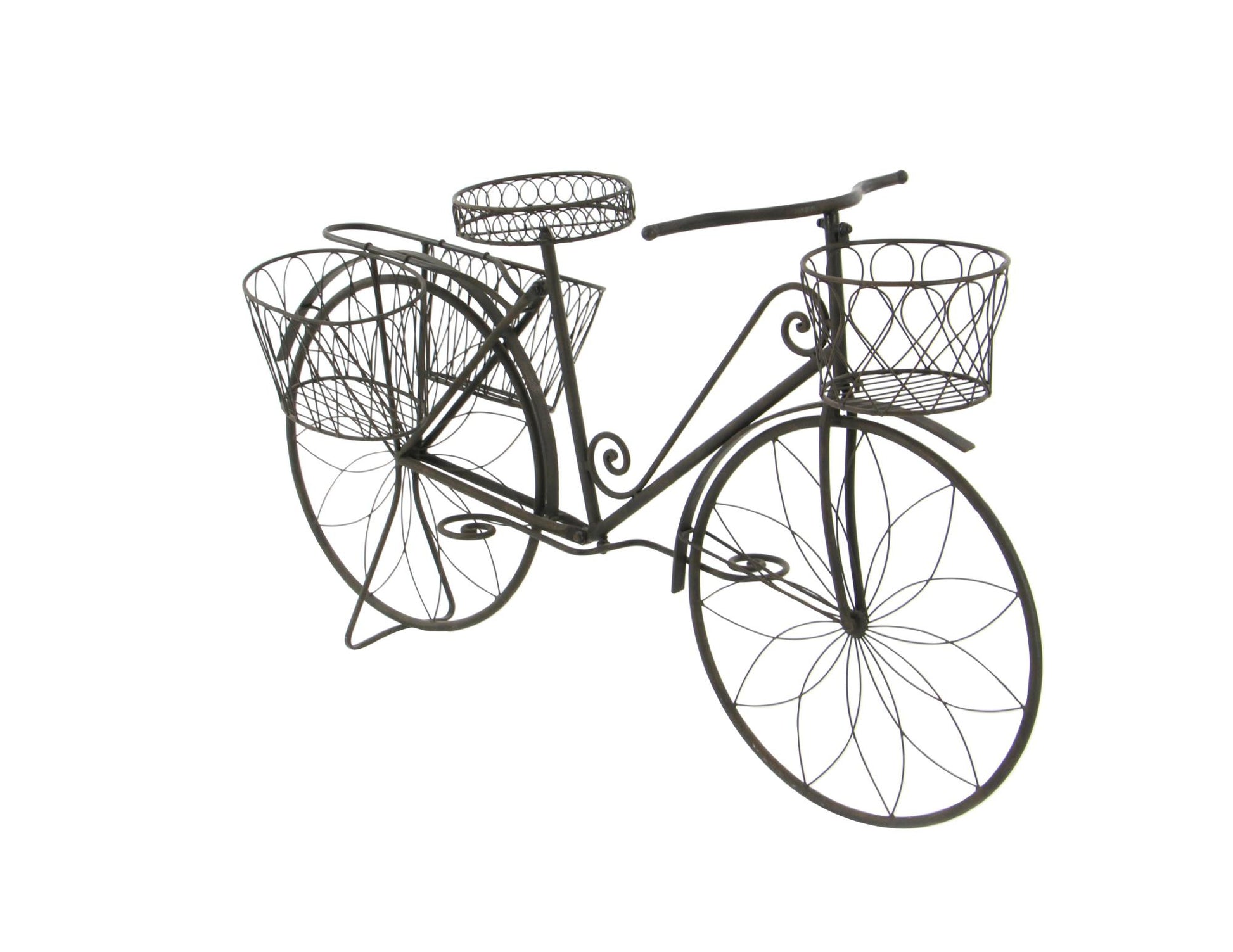 Bike Brown Metal Wire Floral Scrolled Indoor Outdoor Plantstand with Basket and Saddle Bag Planters