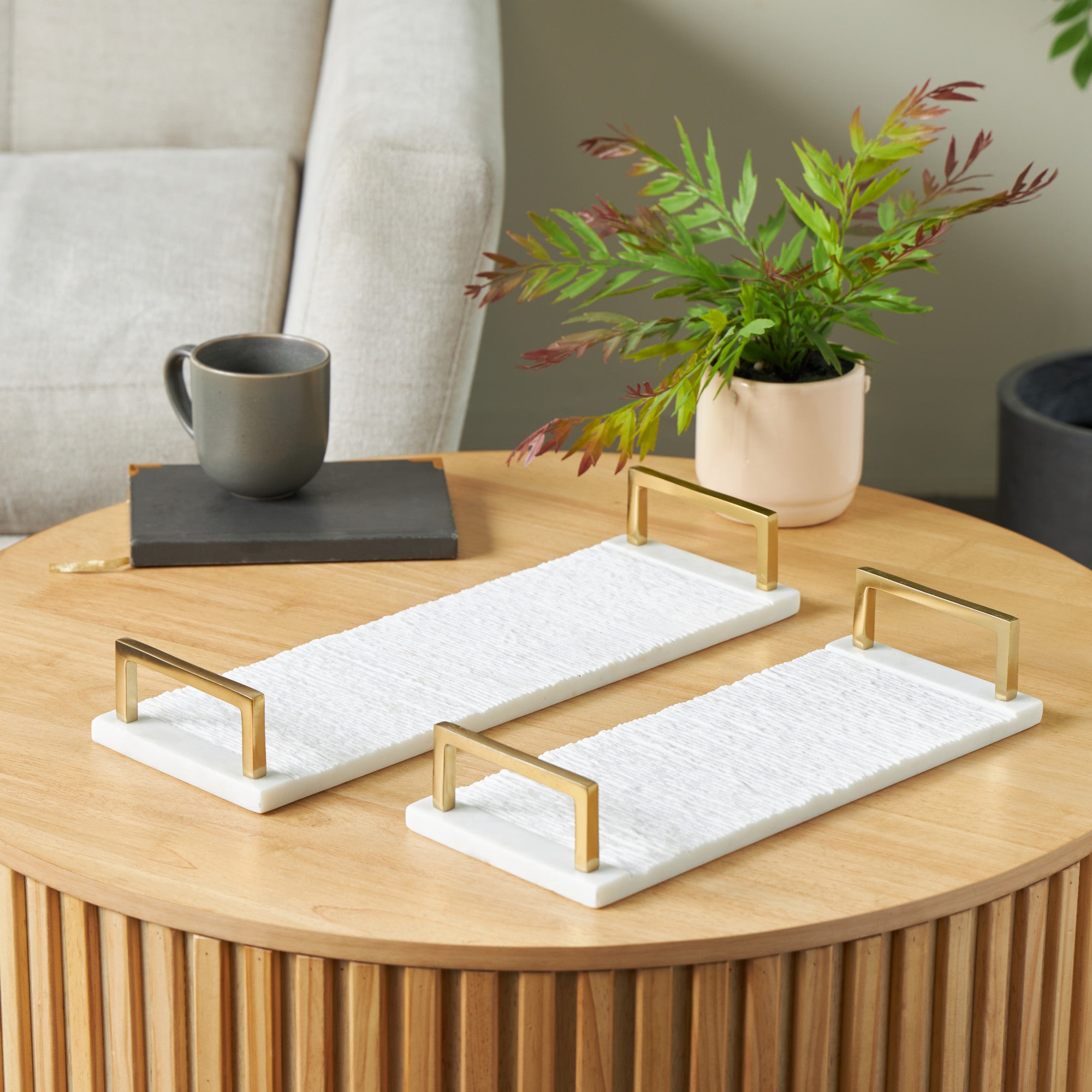 Set of 2 White Marble Textured Living Room Decor Tray with Gold Handles