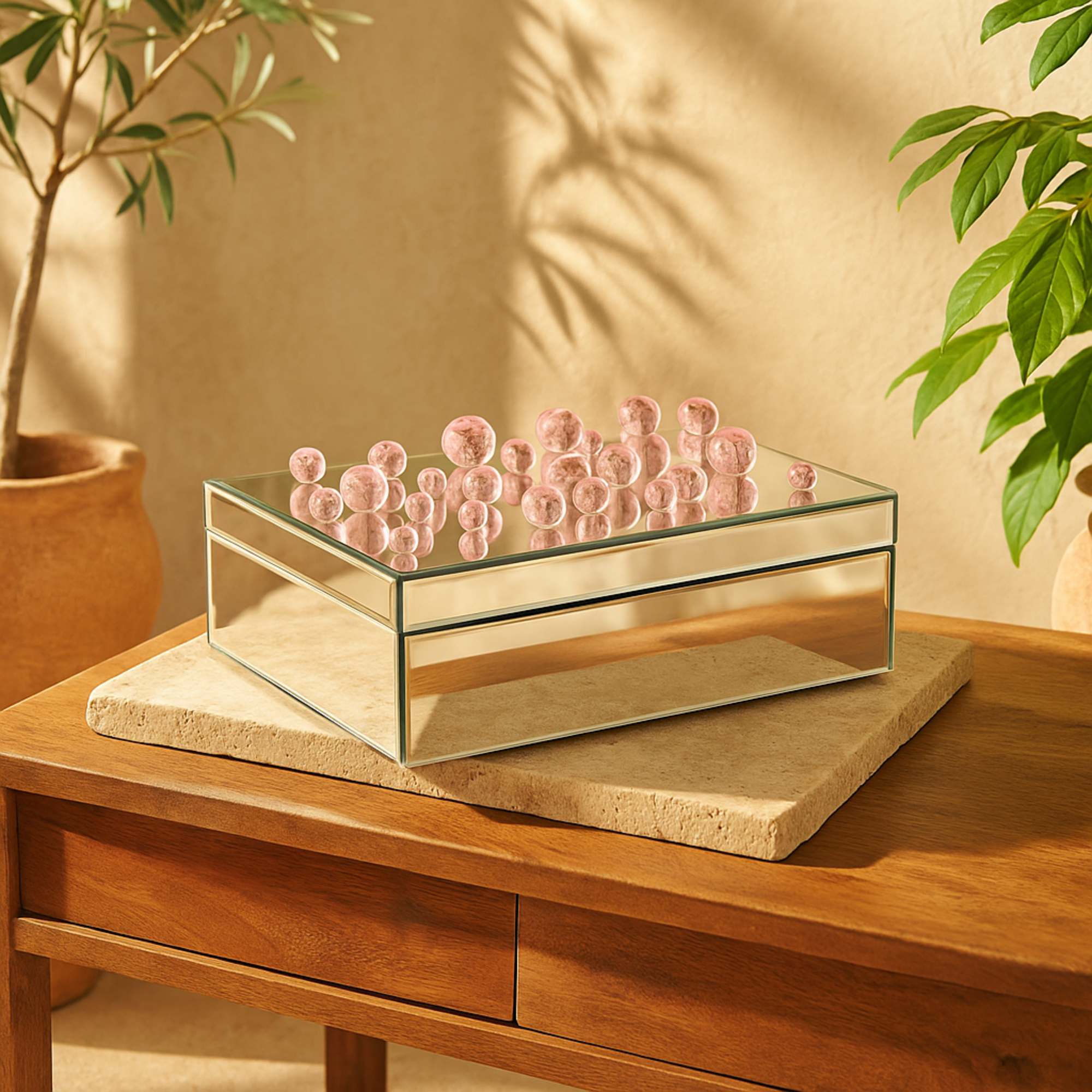Glass Mirrored Decorative Jewelry Box with Pink Bubble Textured Balls