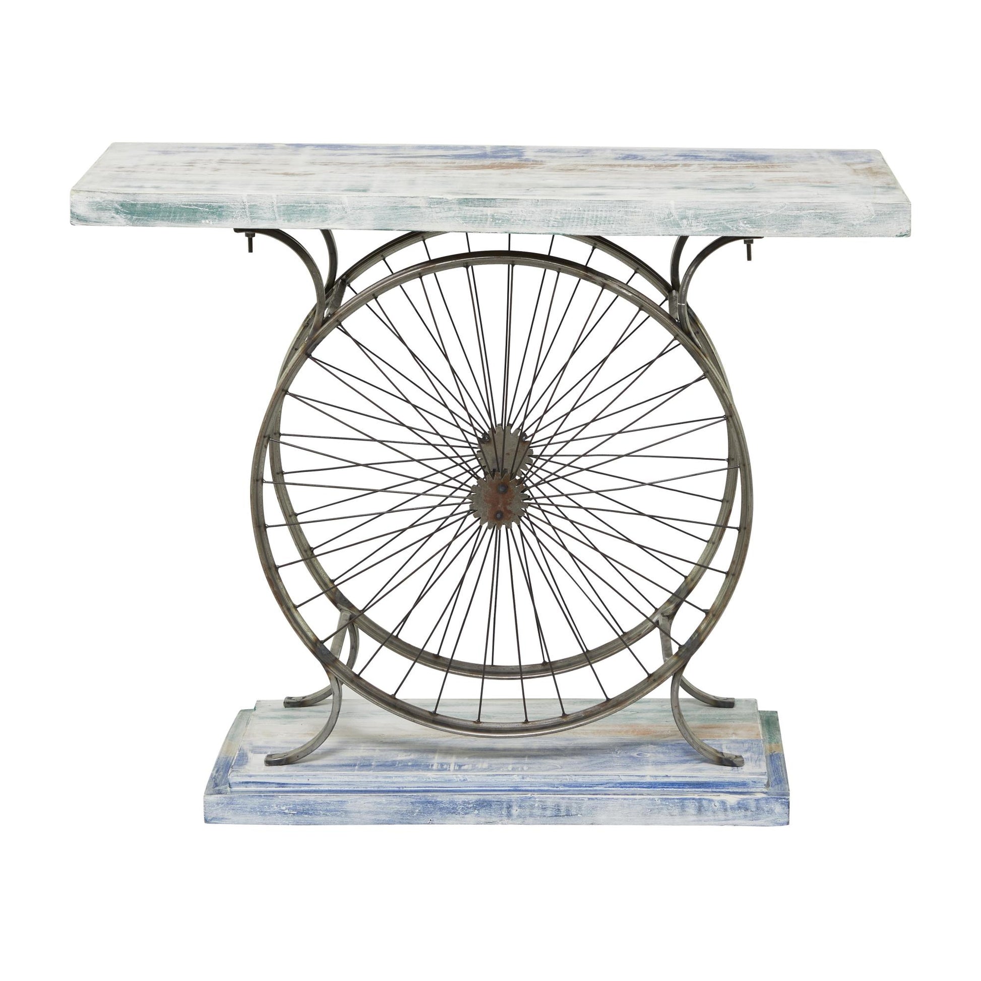 Bike Wood Wide Slatted Top Living Room Console Table with Dual Wheel Frame and Tiered Base