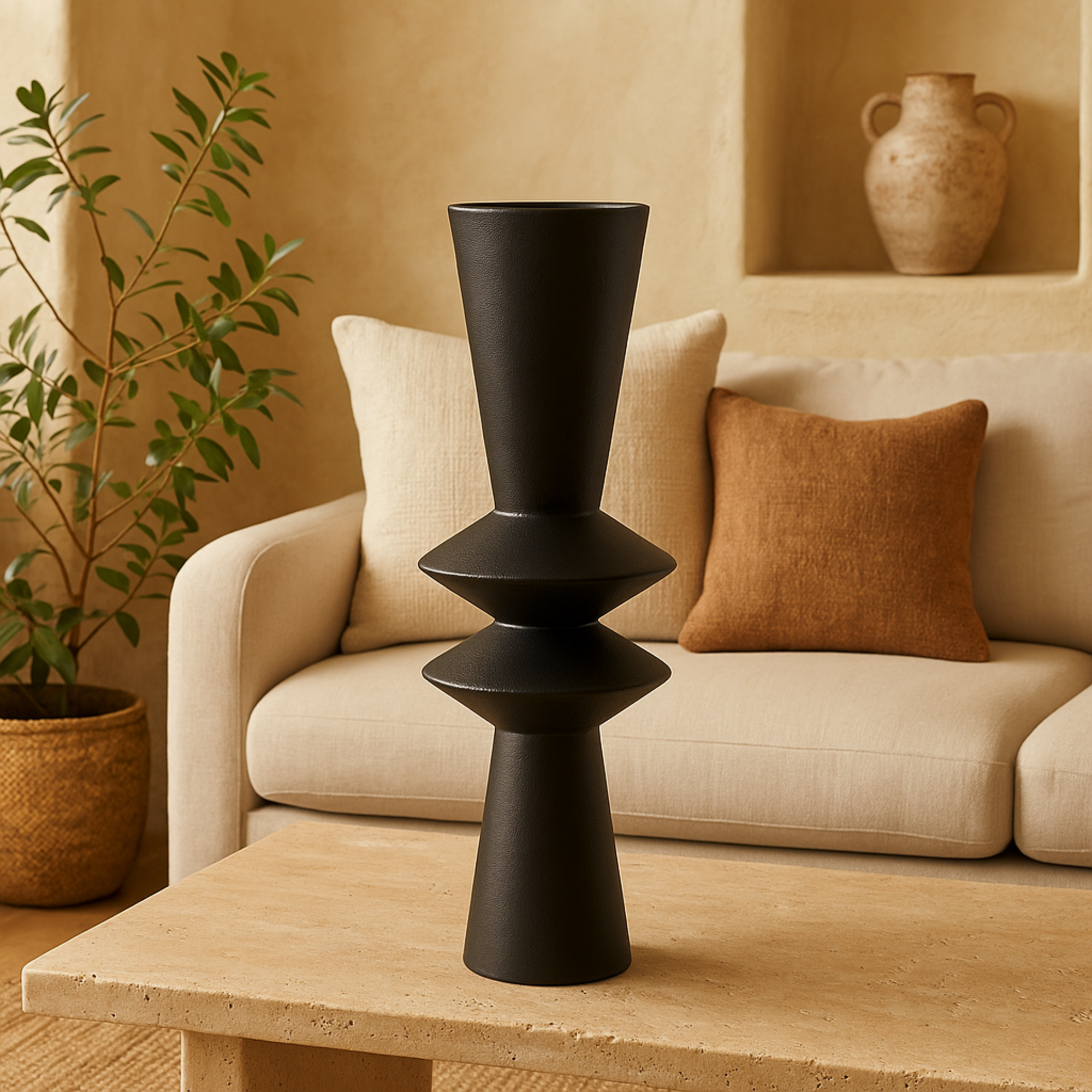 Black Metal Art Deco Fluted Decorative Vase