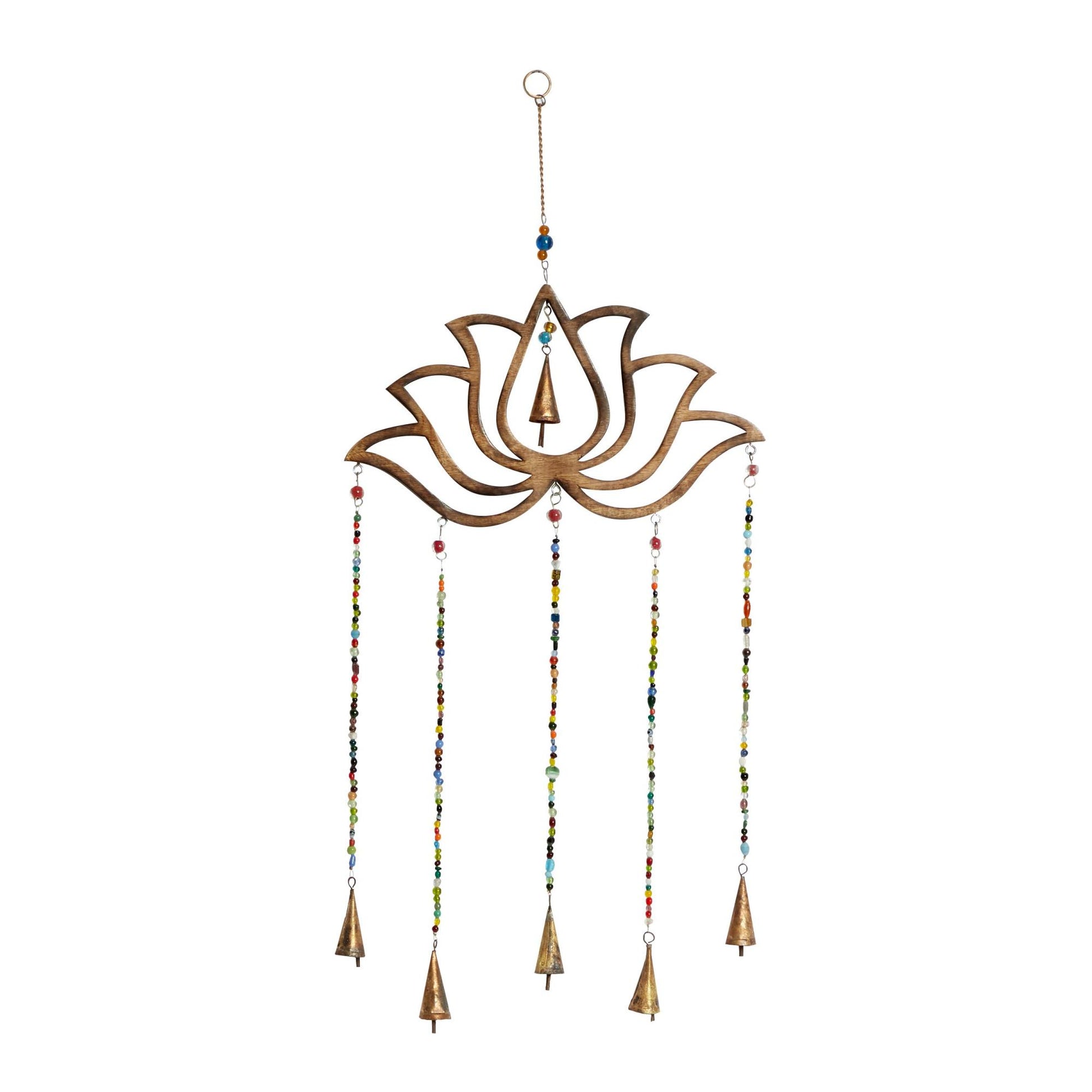 Floral Brown Mango Wood Handmade Lotus Indoor Outdoor Windchime with Glass Beads and Cone Bells