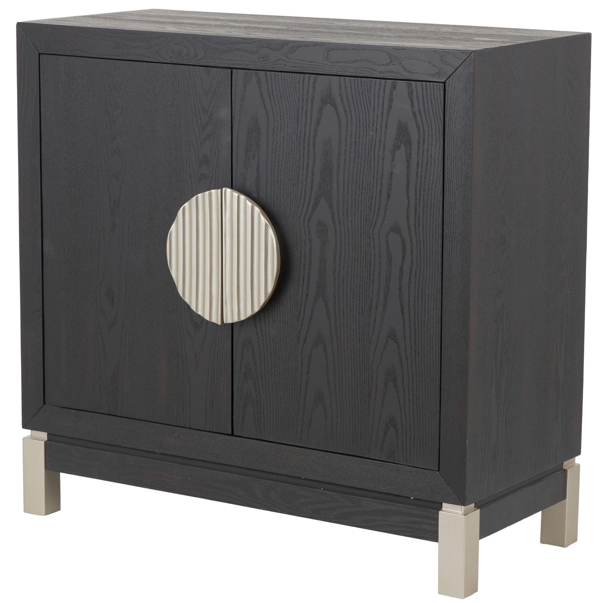 Geometric Black Wooden 2 Door Room Cabinet with Gold Textured Half-Moon Handles and Red Accents