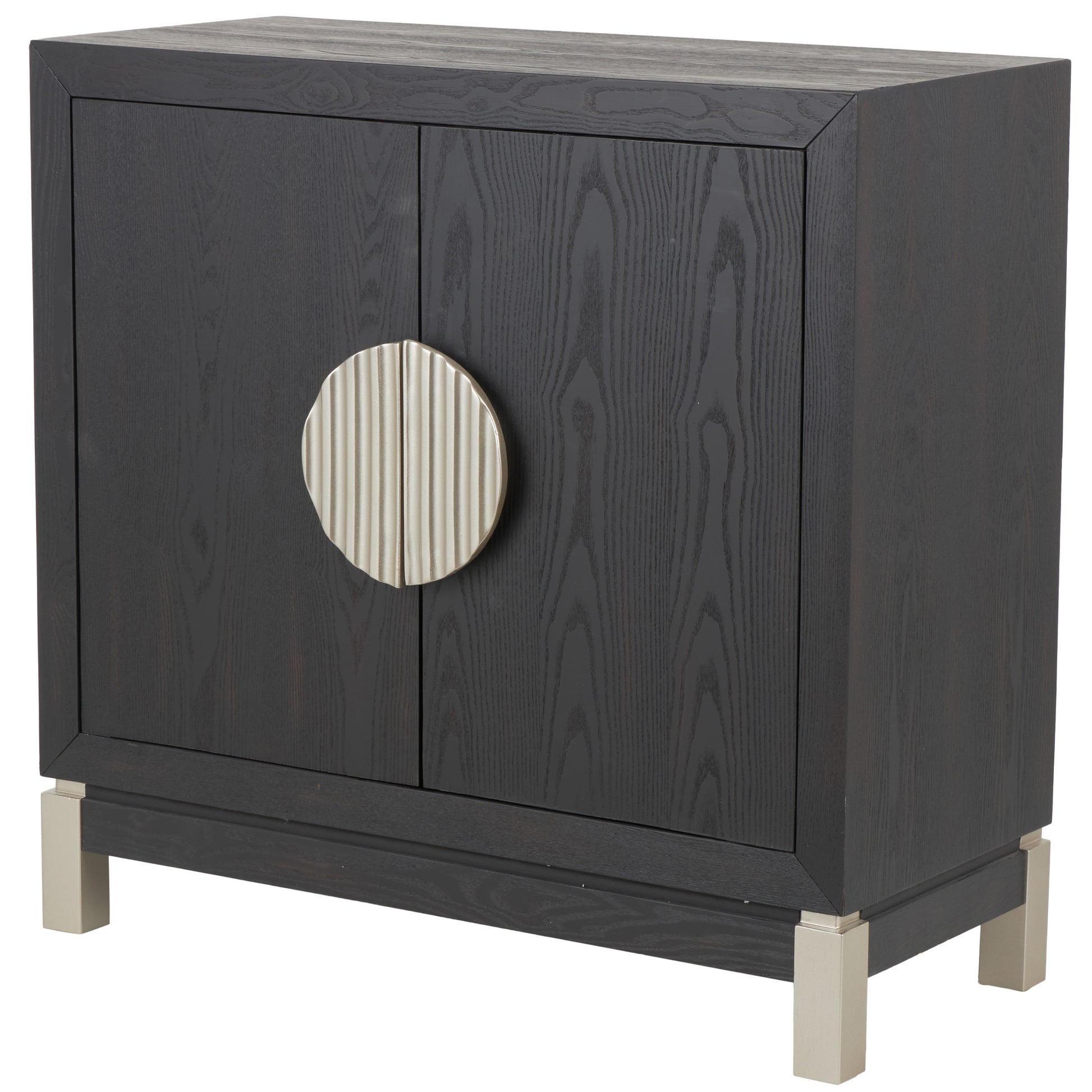 Geometric Black Wooden 2 Door Room Cabinet with Gold Textured Half-Moon Handles and Red Accents