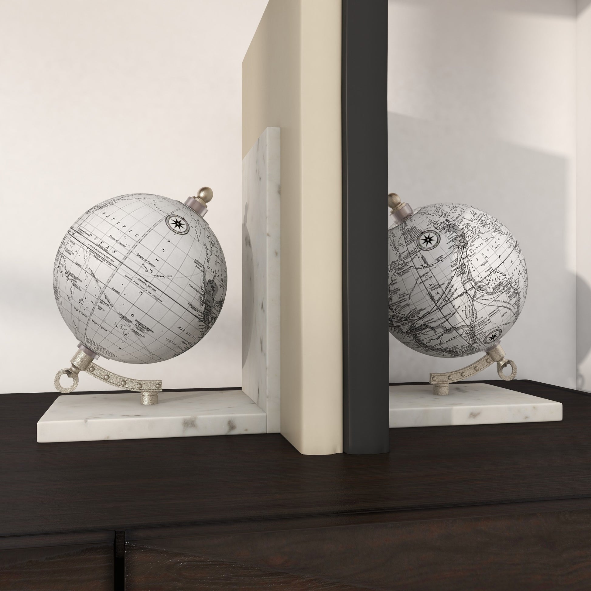 Set of 2 Globe White Marble Decorative Bookends with Silver Metal Accents