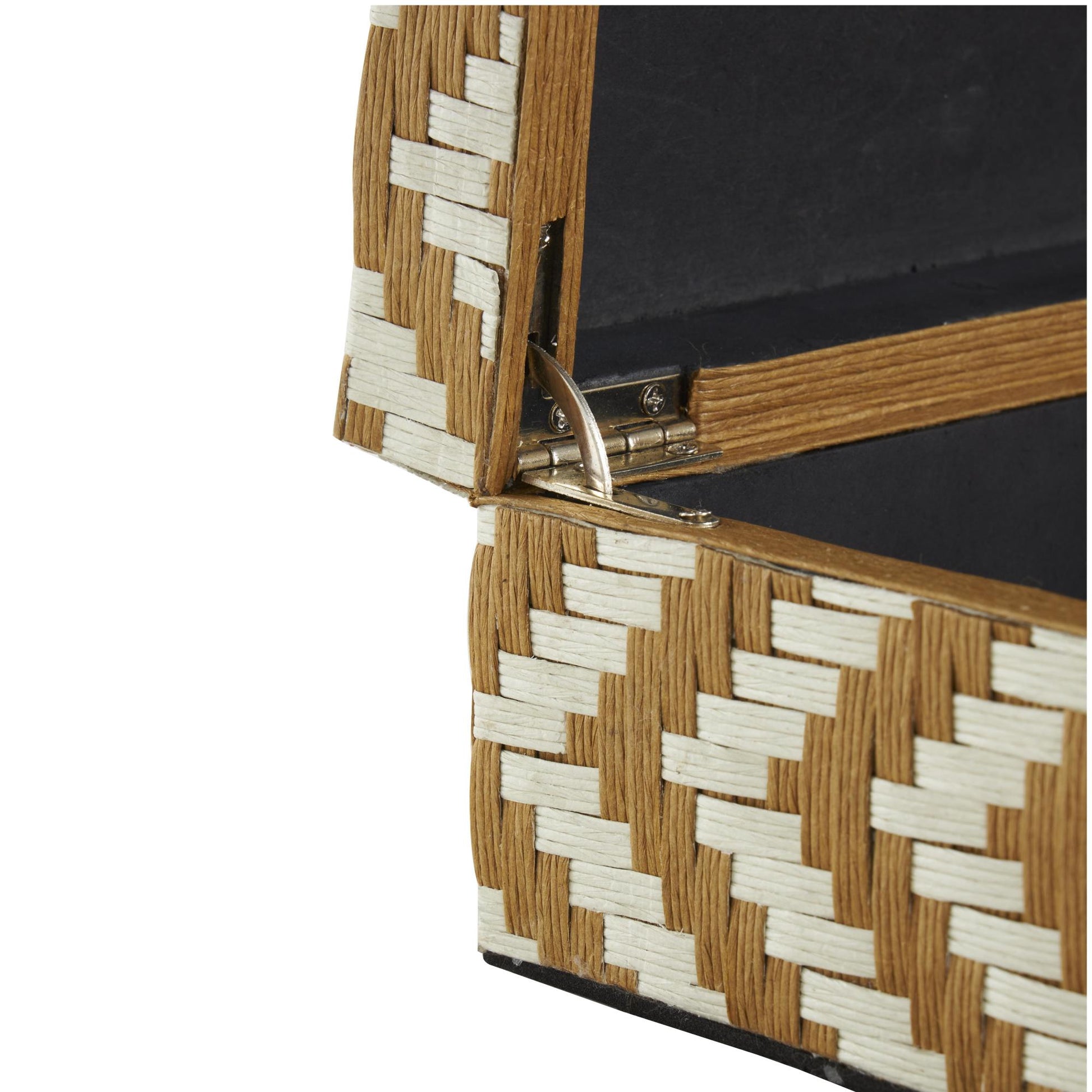 Set of 2 Geometric Brown Paper Handmade Woven Zig Zag Storage Decorative Box with Cream Accents