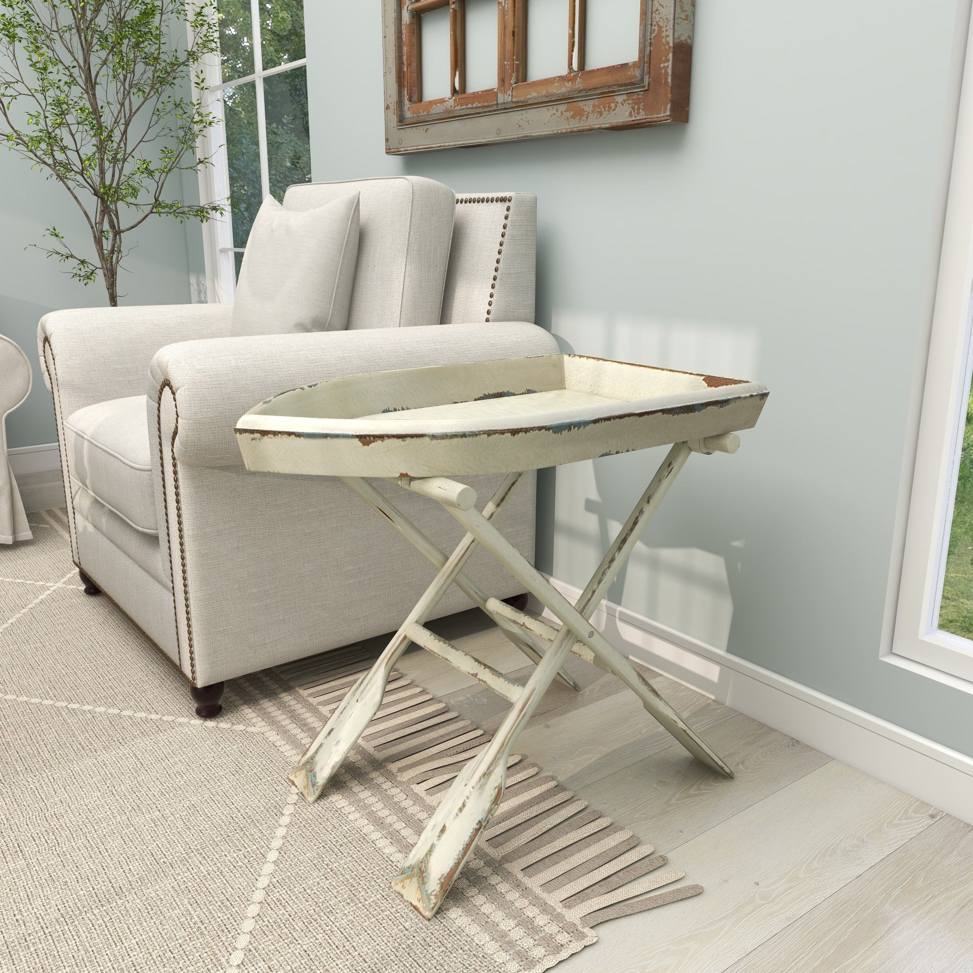 Boat White Wood Tray Top Side End Accent Table with Oar Inspired Legs