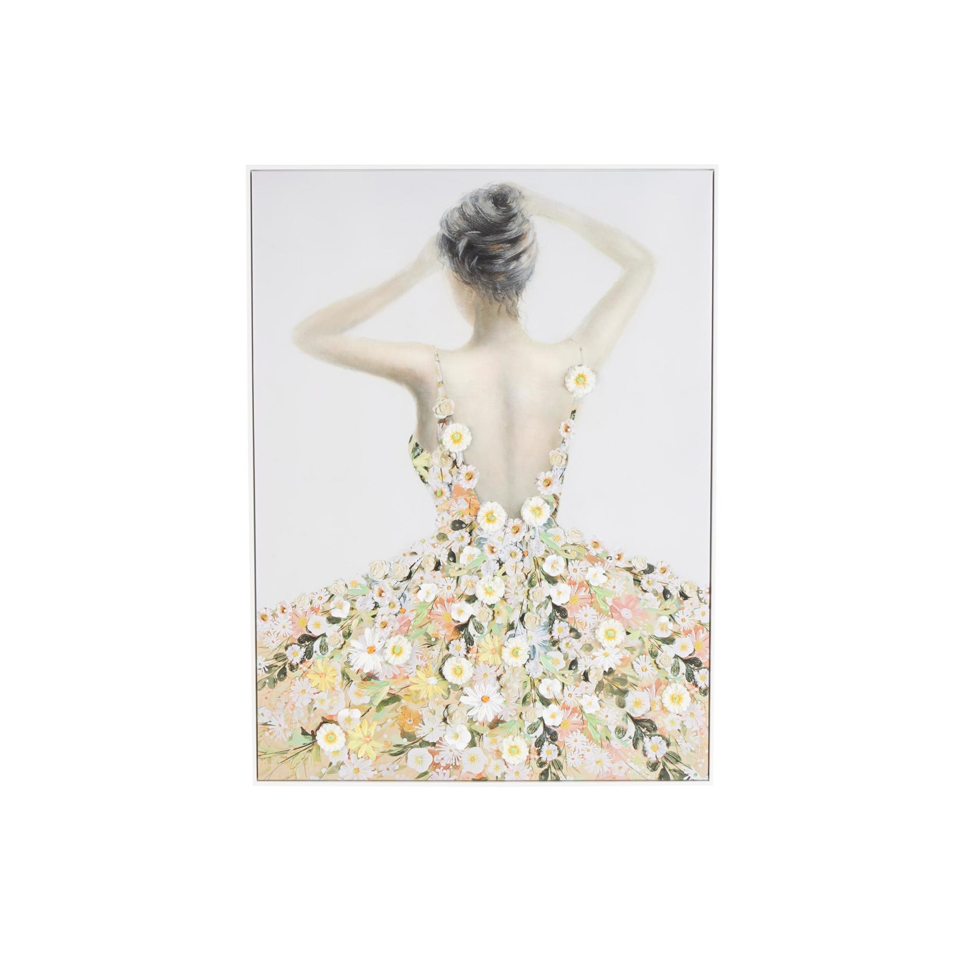 Woman Multi Colored Canvas Living Room Framed Wall Art with 3D Daisy Flowers