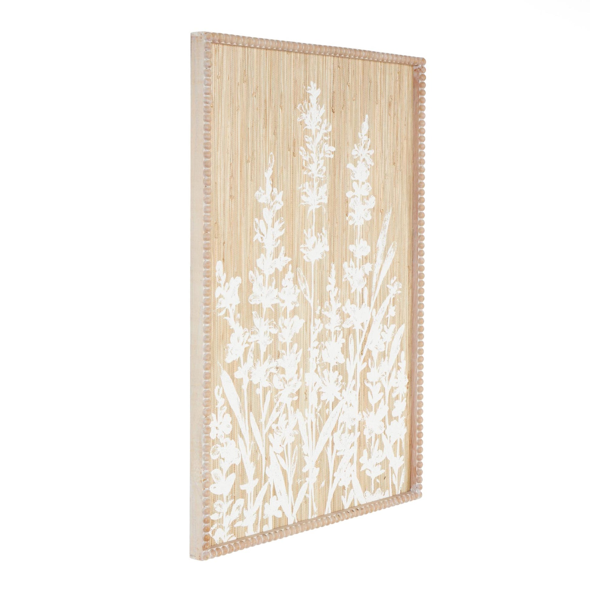 Floral Cream Wood Textured Living Room Framed Wall Art with White Painted Accents and Beaded Frame