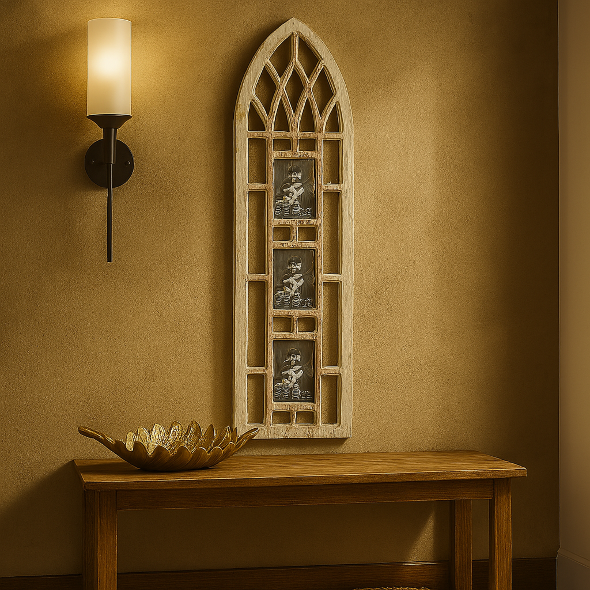 Light Brown Wooden Slim Arched Window Inspired 3 Slot Ornate Wall Photo Frame