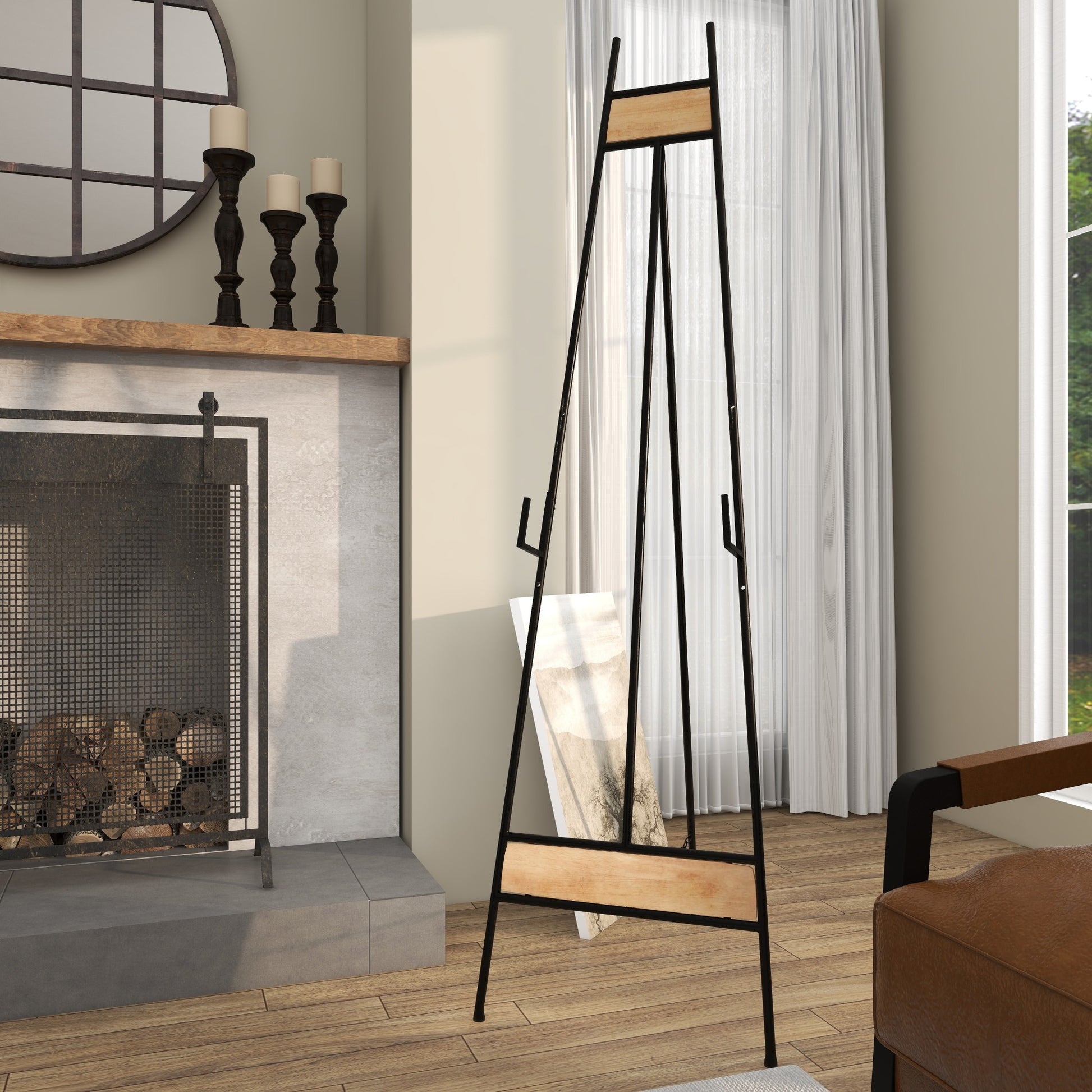 Black Metal Tall Adjustable 3 Tier Display Easel with Chain Support and Wood Accents