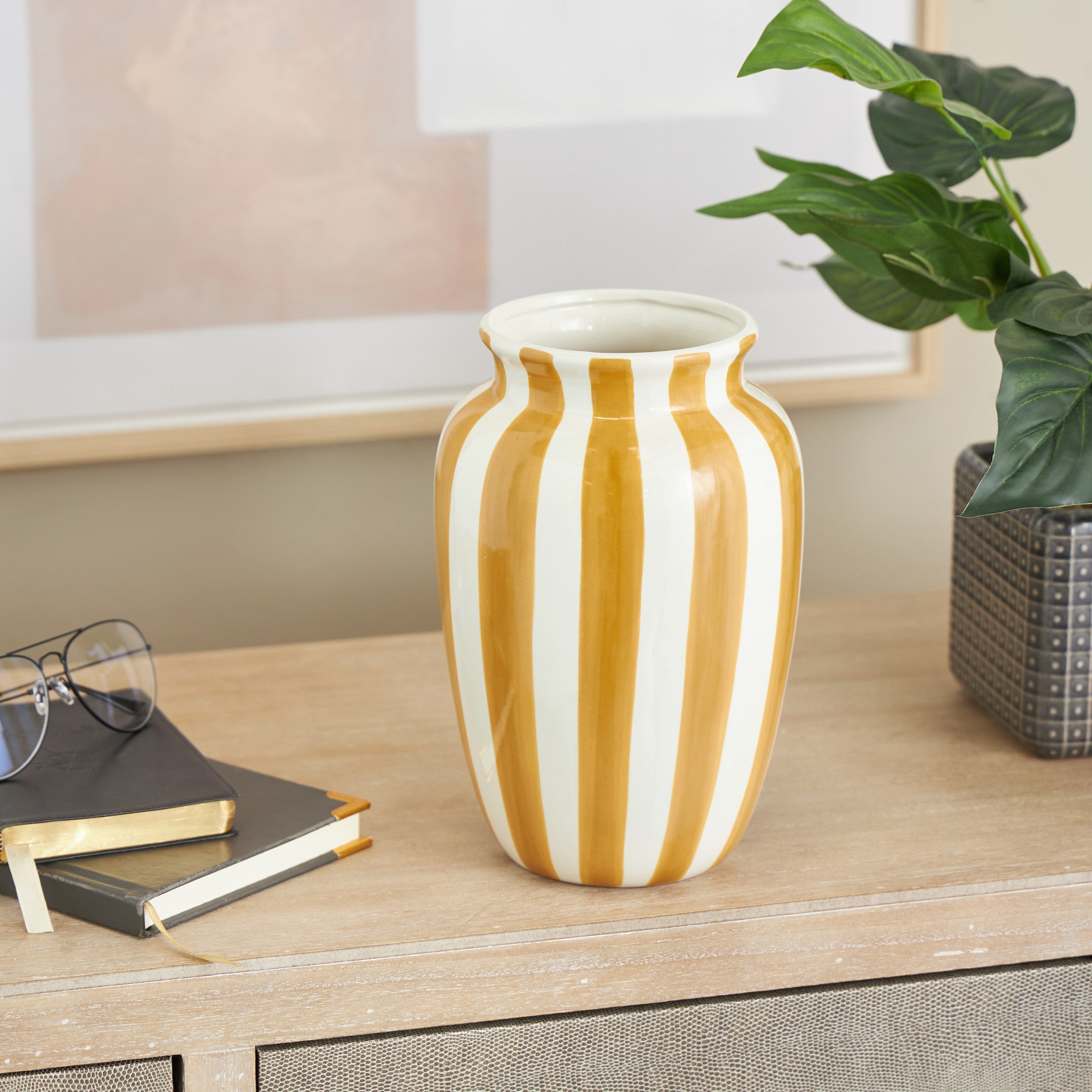 Ceramic Round Wide Decorative Vase with Teal Vertical Stripes 6" x 6" x 10"