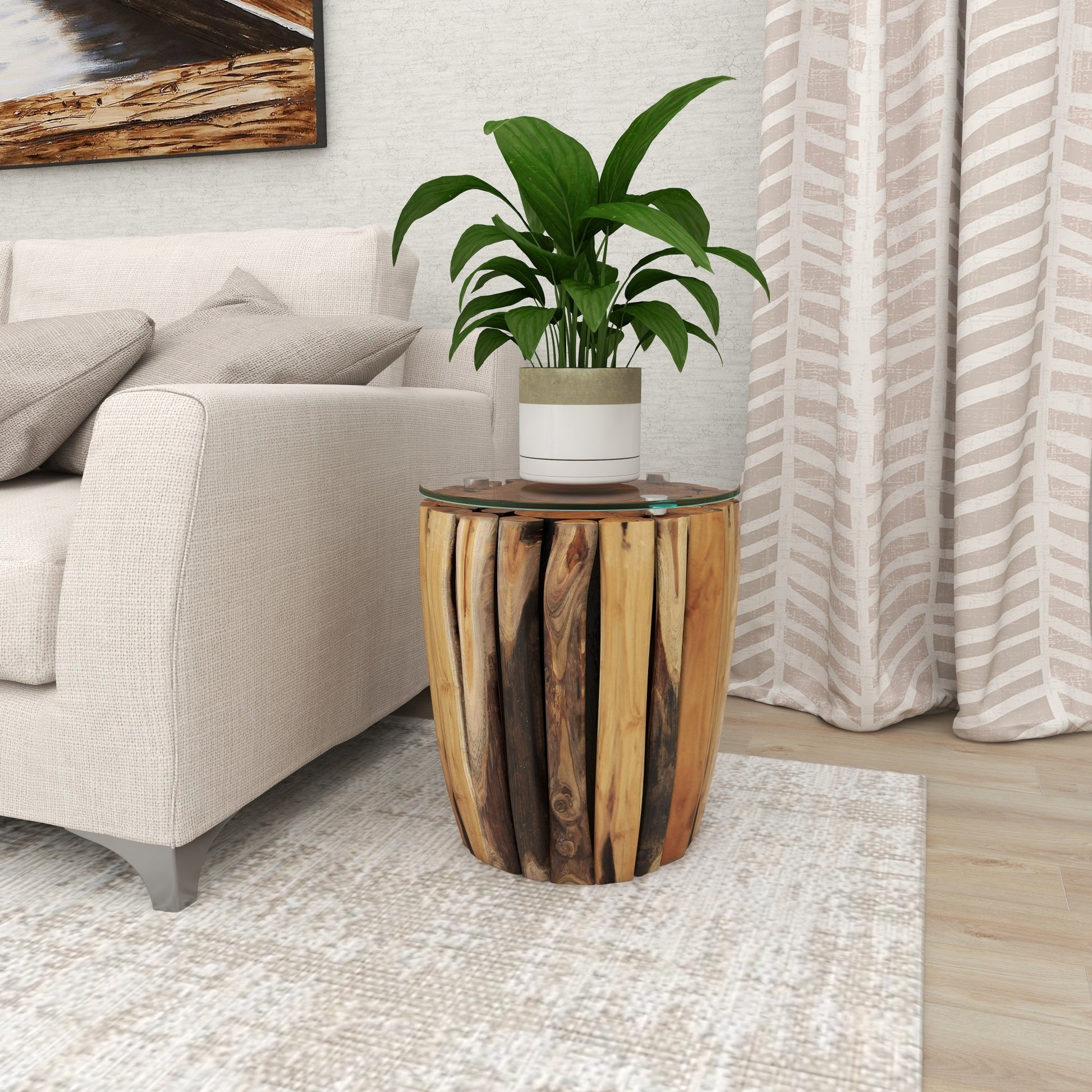 Brown Teak Wood Handmade Live Edge Tree Branch Side End Accent Table with Clear Glass Top