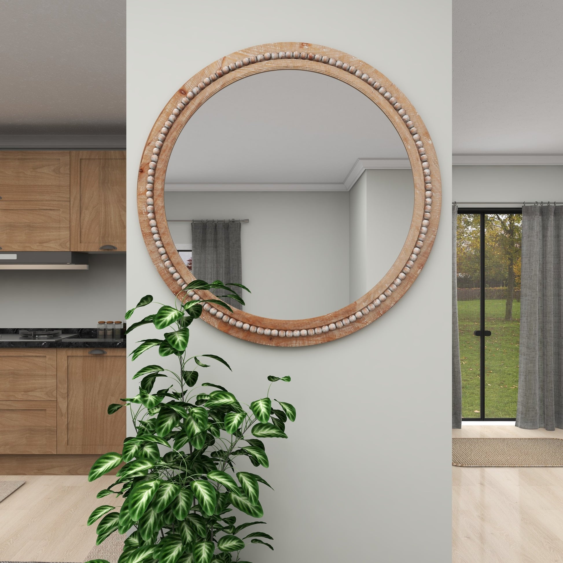 Wood Distressed Room Wall Mirror with Beaded Detailing 36" x 2" x 36"