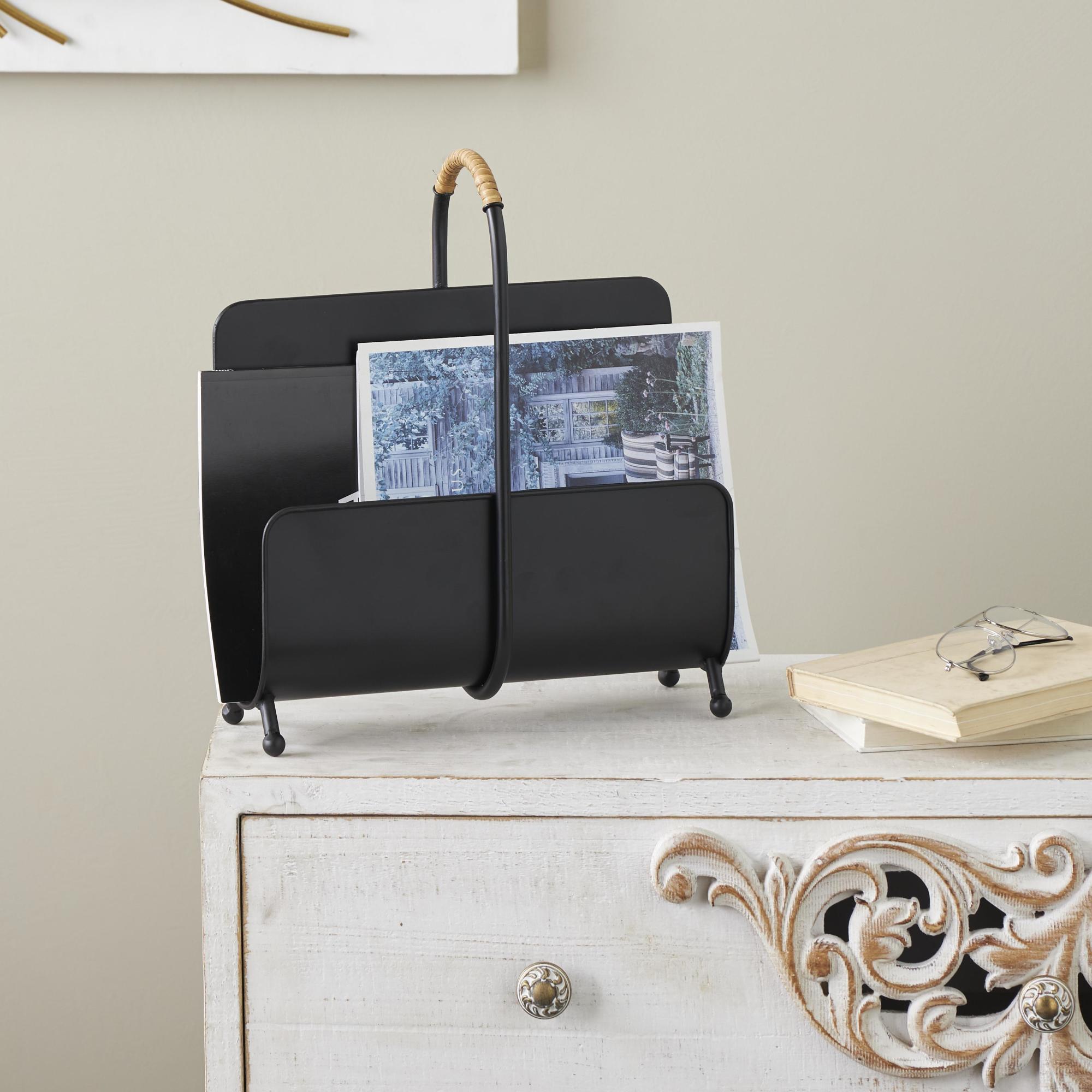 Black Metal Matte Curved Decorative Magazine Holder with Rattan Loop Handle