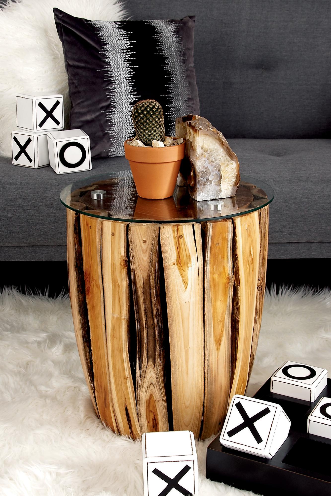 Brown Teak Wood Handmade Live Edge Tree Branch Side End Accent Table with Clear Glass Top