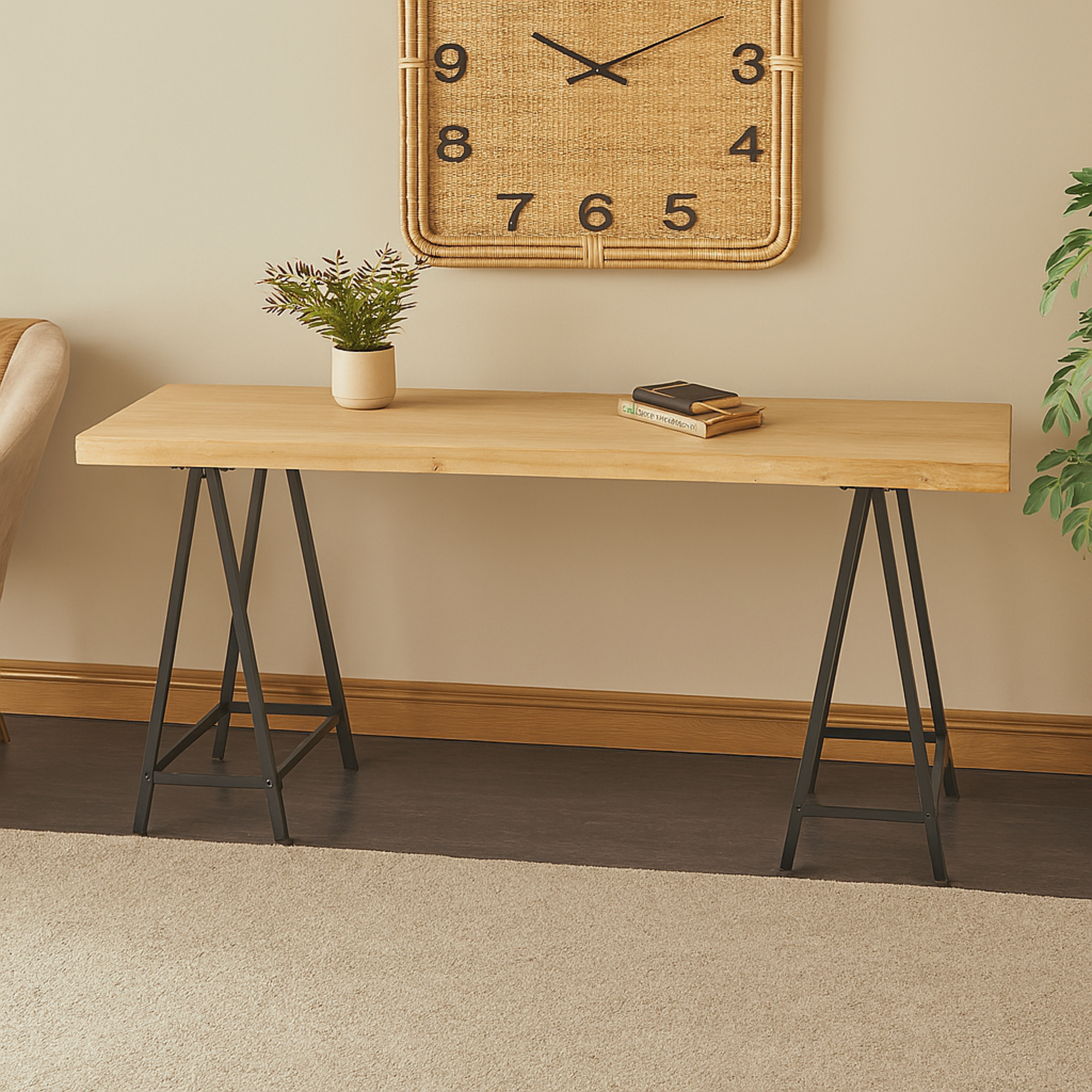 Brown Wooden Rectangular Living Room Console Table with Black Metal Supports