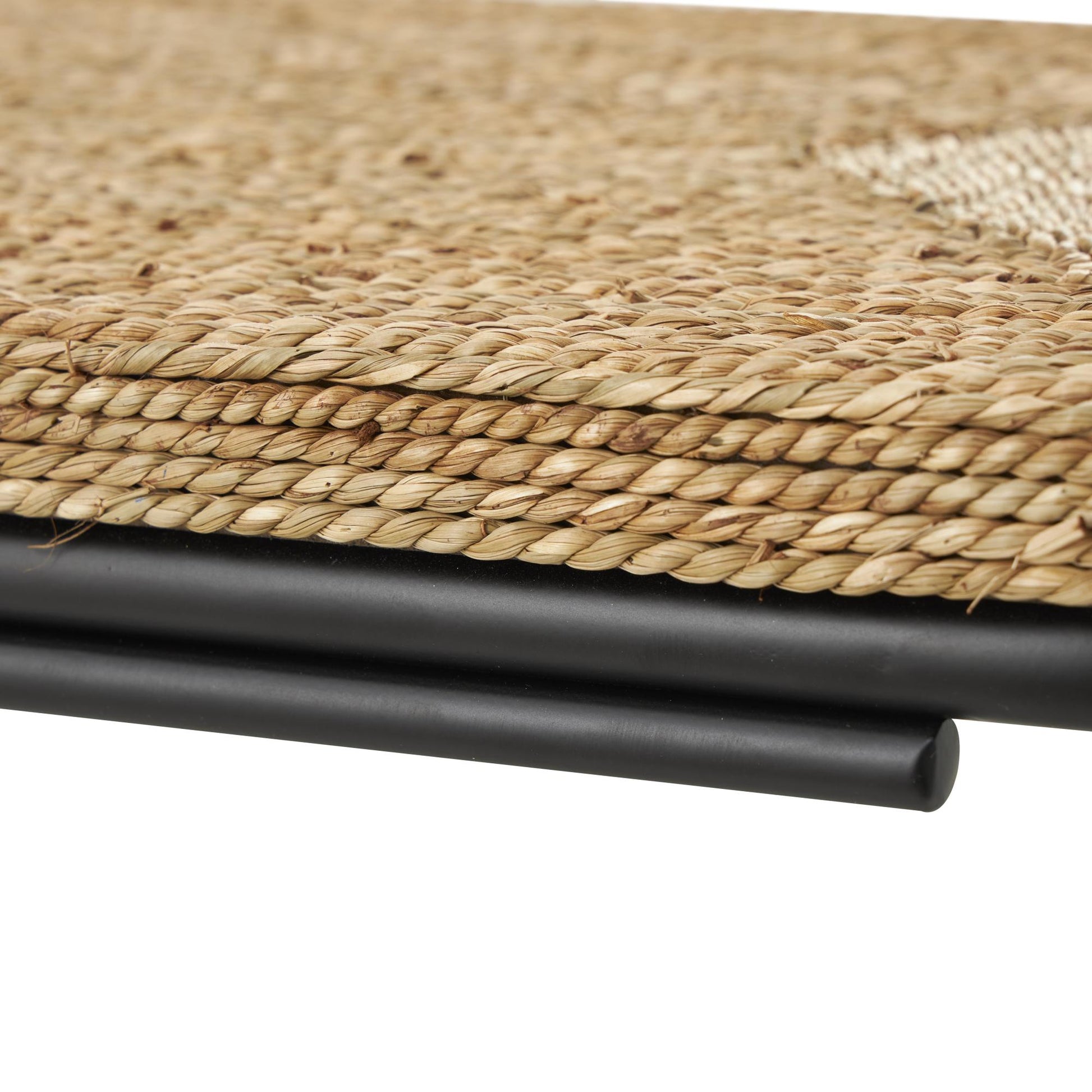 Brown Dried Plant Handmade Coiled C-Shaped Side End Accent Table with Black Metal Legs