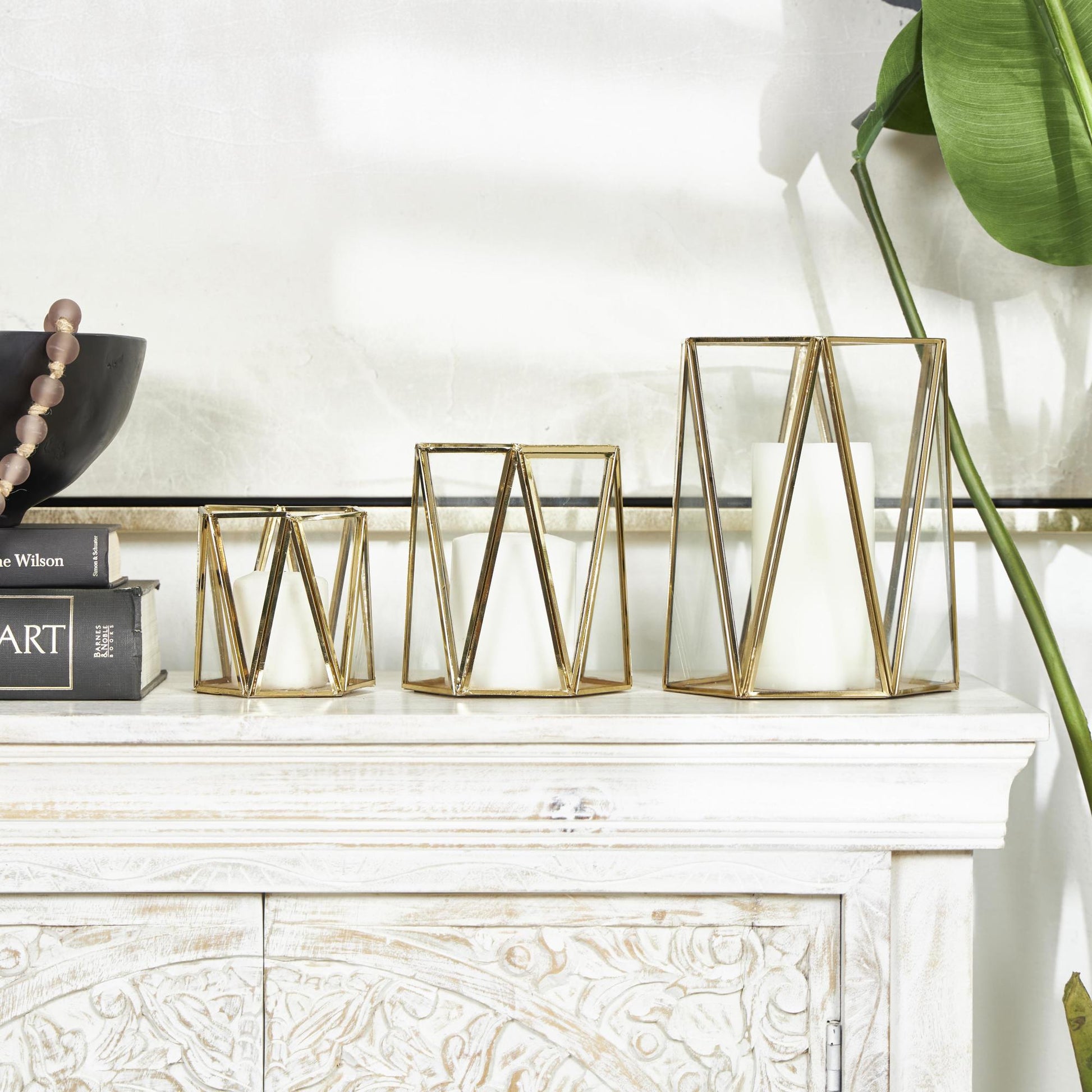 CosmoLiving by Cosmopolitan Set of 3 Geometric Gold Metal Triangle Patterned Hexagon Indoor Outdoor Candle Lantern with Clear Glass