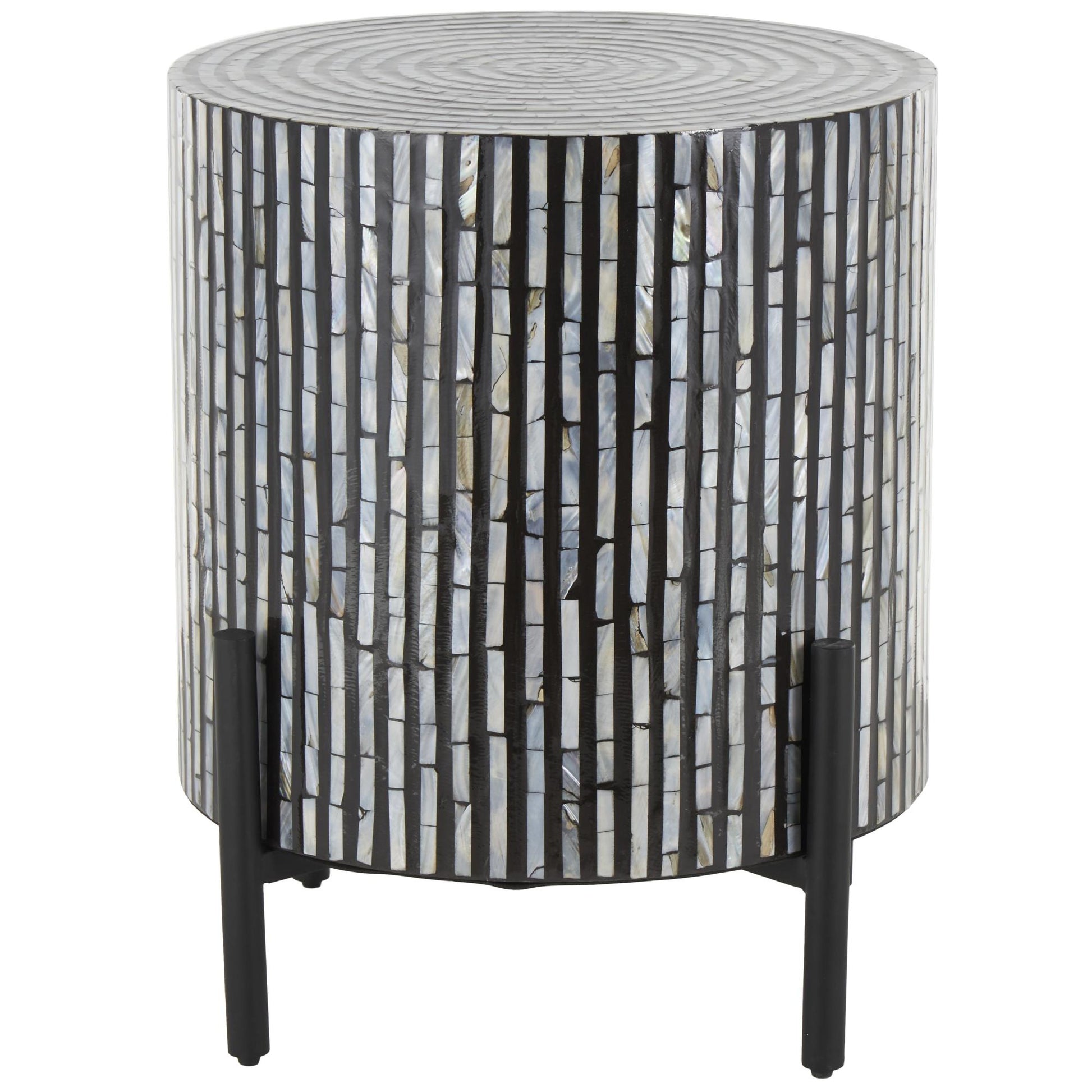 Geometric Mother of Pearl Shell Handmade Inlay Side End Accent Table with Black Legs 18" x 18" x 22"