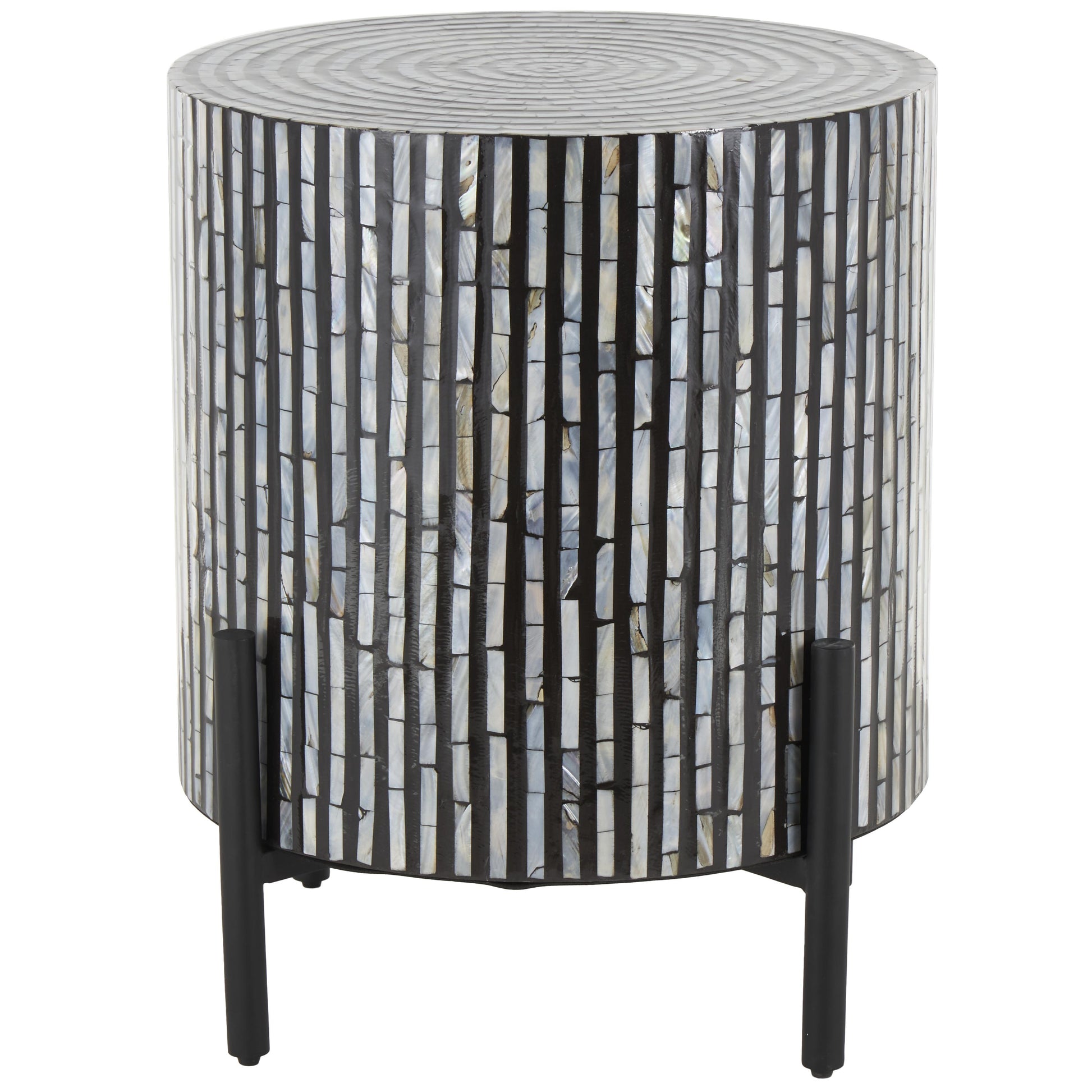 Geometric Mother of Pearl Shell Handmade Inlay Side End Accent Table with Black Legs 18" x 18" x 22"