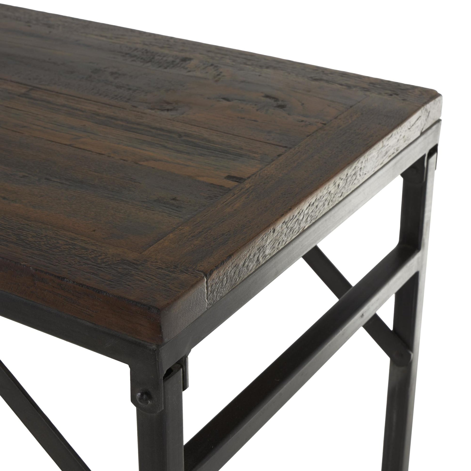 Dark Brown Teak Wood Long Living Room Console Table with Black Metal Legs