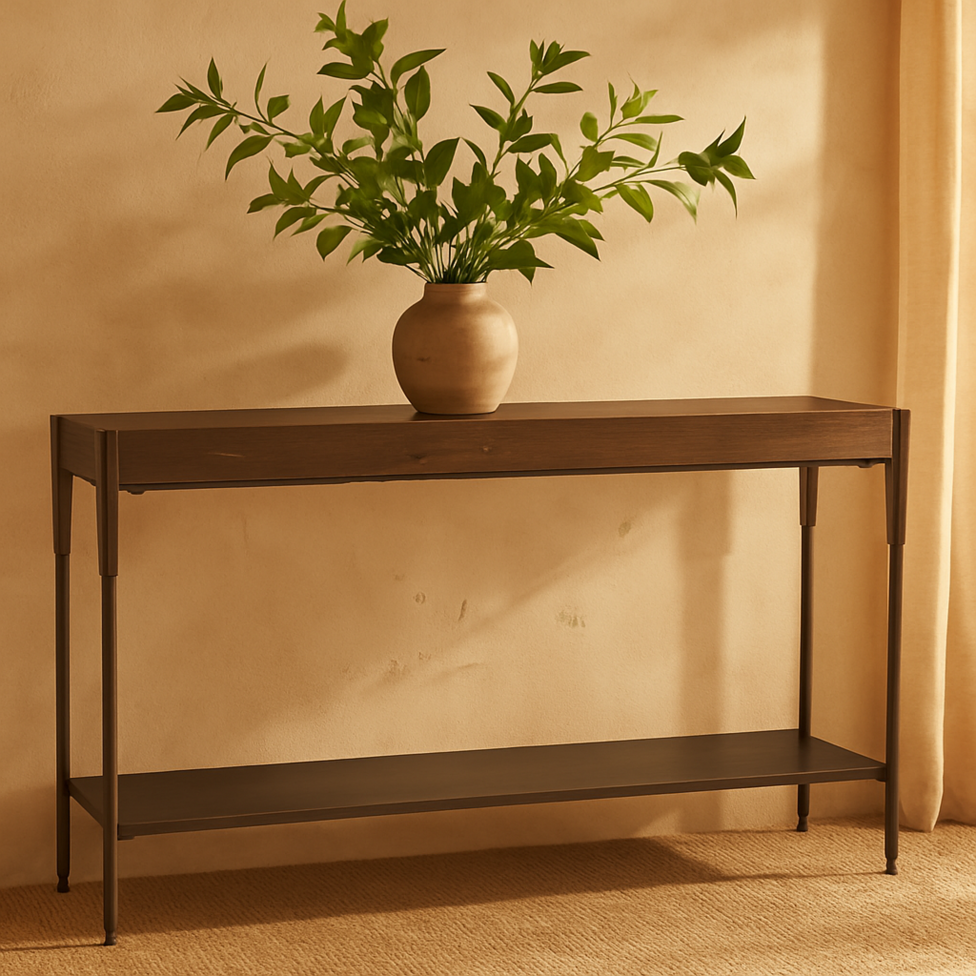 Gray Metal Shelf Living Room Console Table with Brown Wooden Top