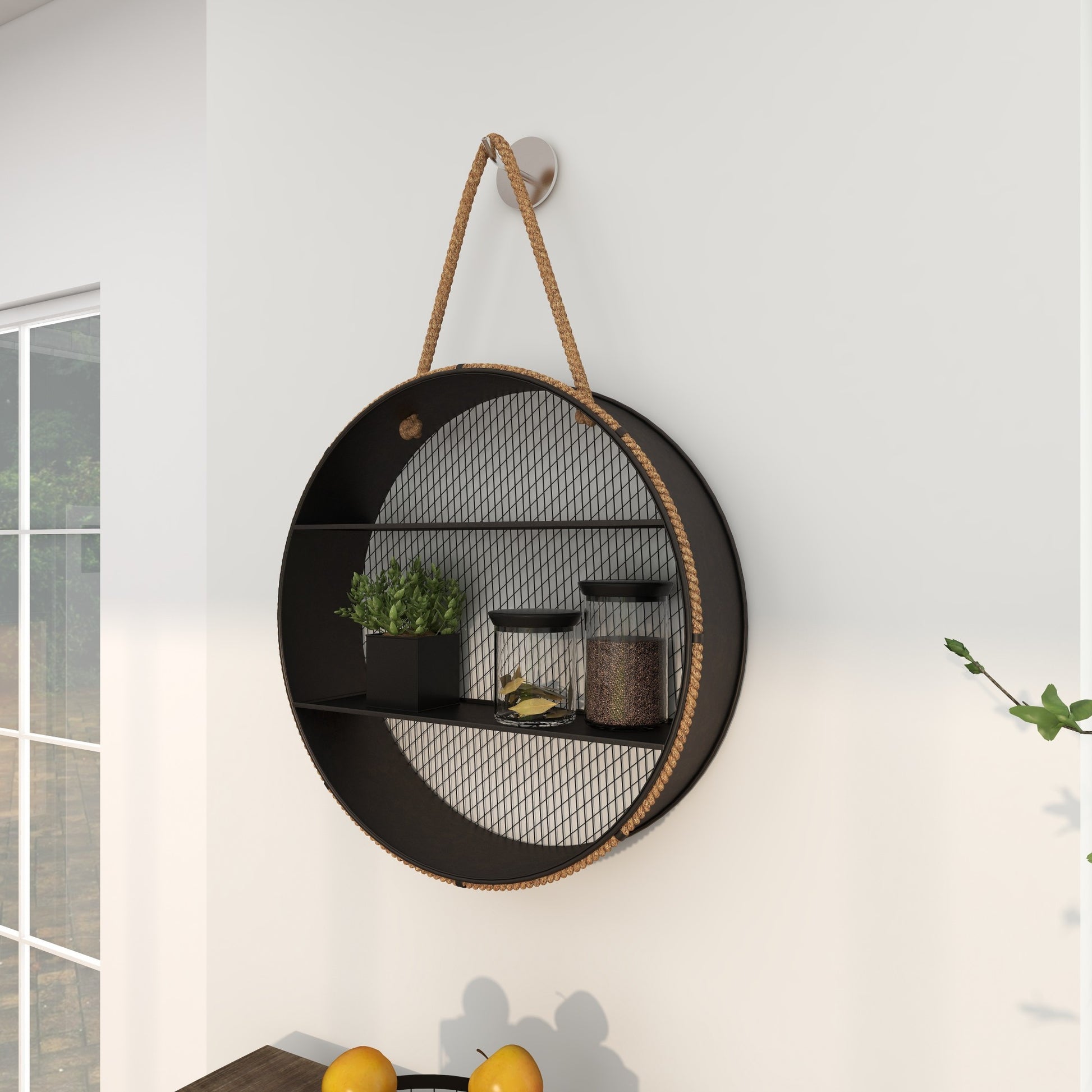 Black Metal Round 2 Shelves Room Wall Shelf with Hanging Rope