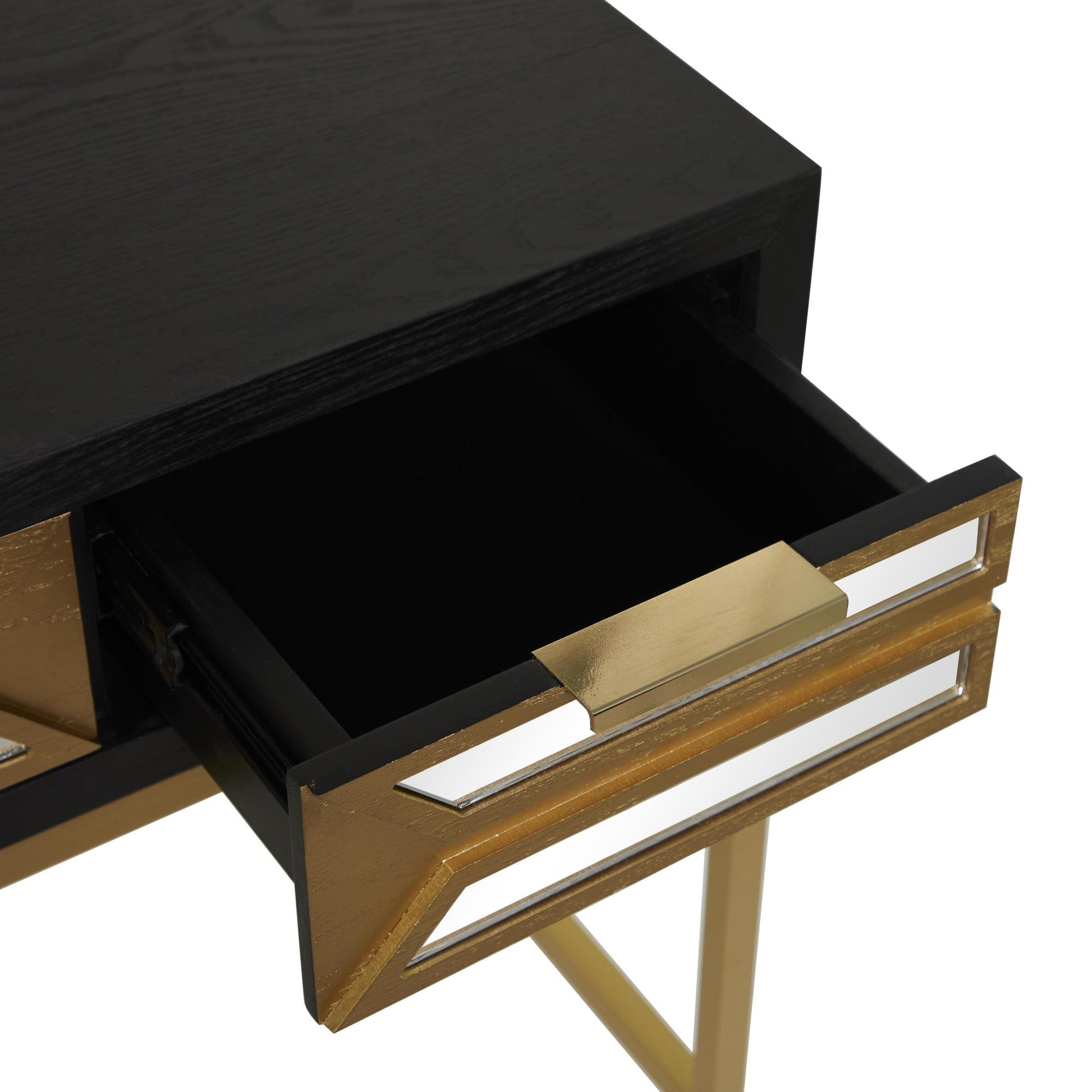Black Wooden 3 Drawer Desk with Mirrored Front and Outlet