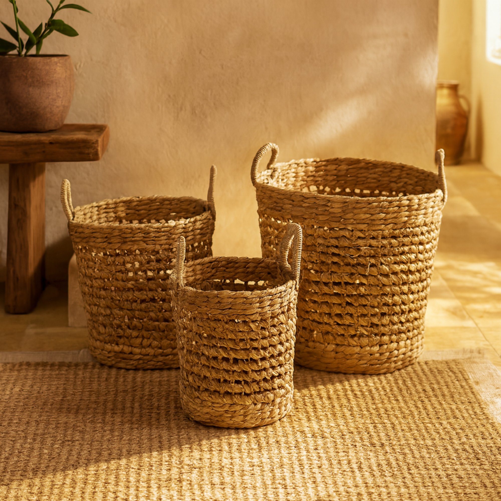 Set of 3 Light Brown Seagrass Handmade Woven Decorative and Functional Storage Basket with Handles