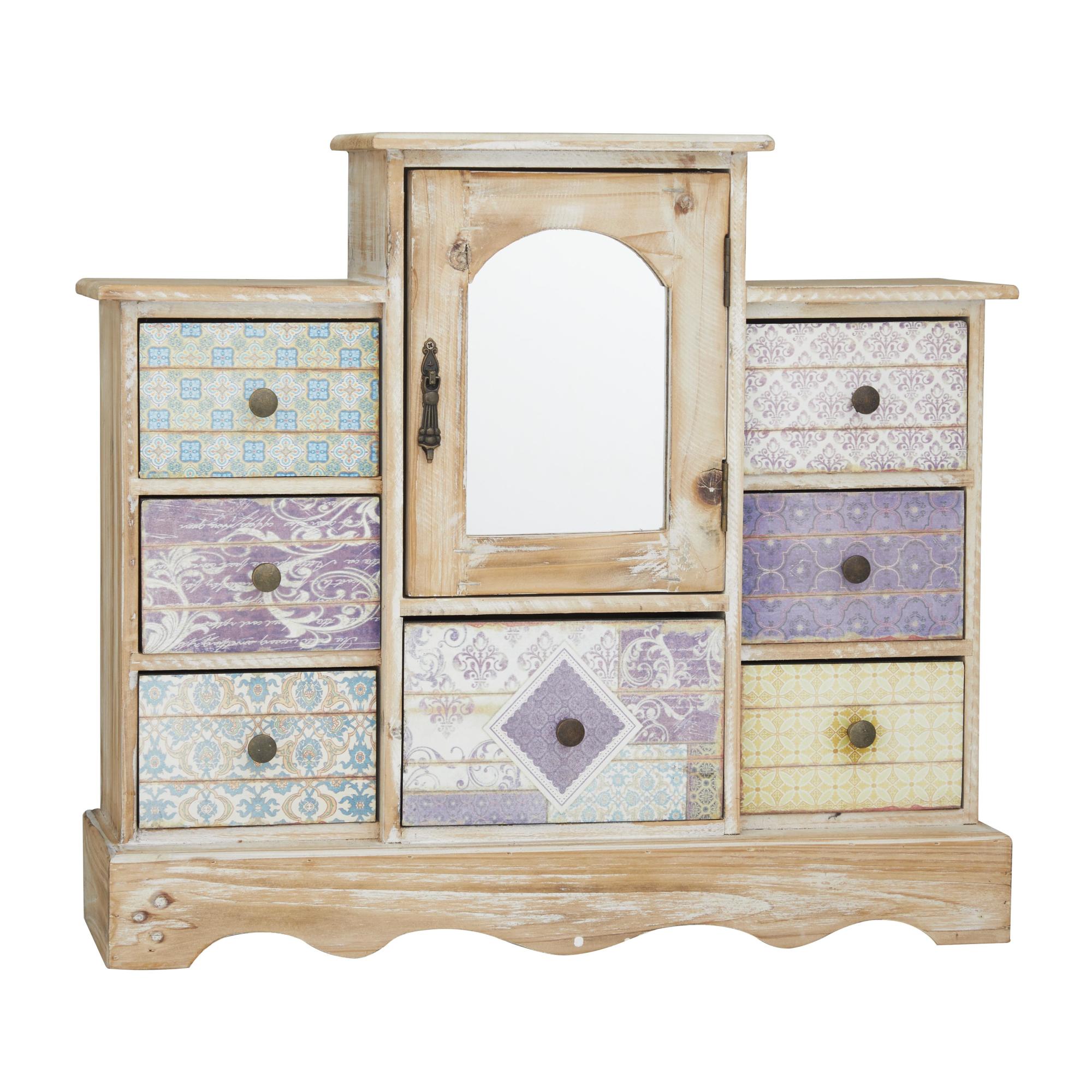 Scroll Light Brown Wooden 7 Drawers Decorative Jewelry Box with Patchwork Patterns
