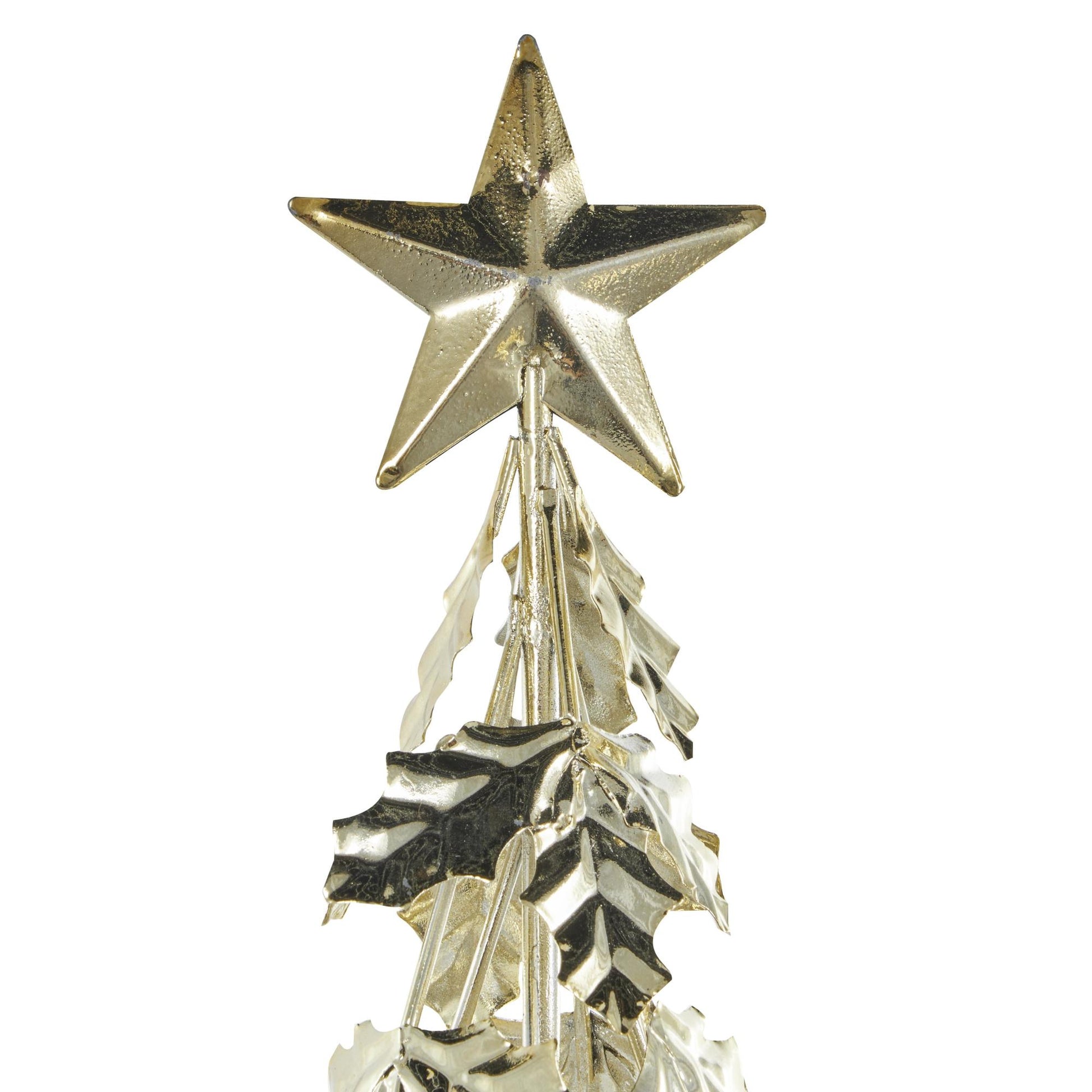 Set of 3 Tree Gold Metal Holiday Layered Decorative Christmas Sculpture with Wooden Base and Star Topper