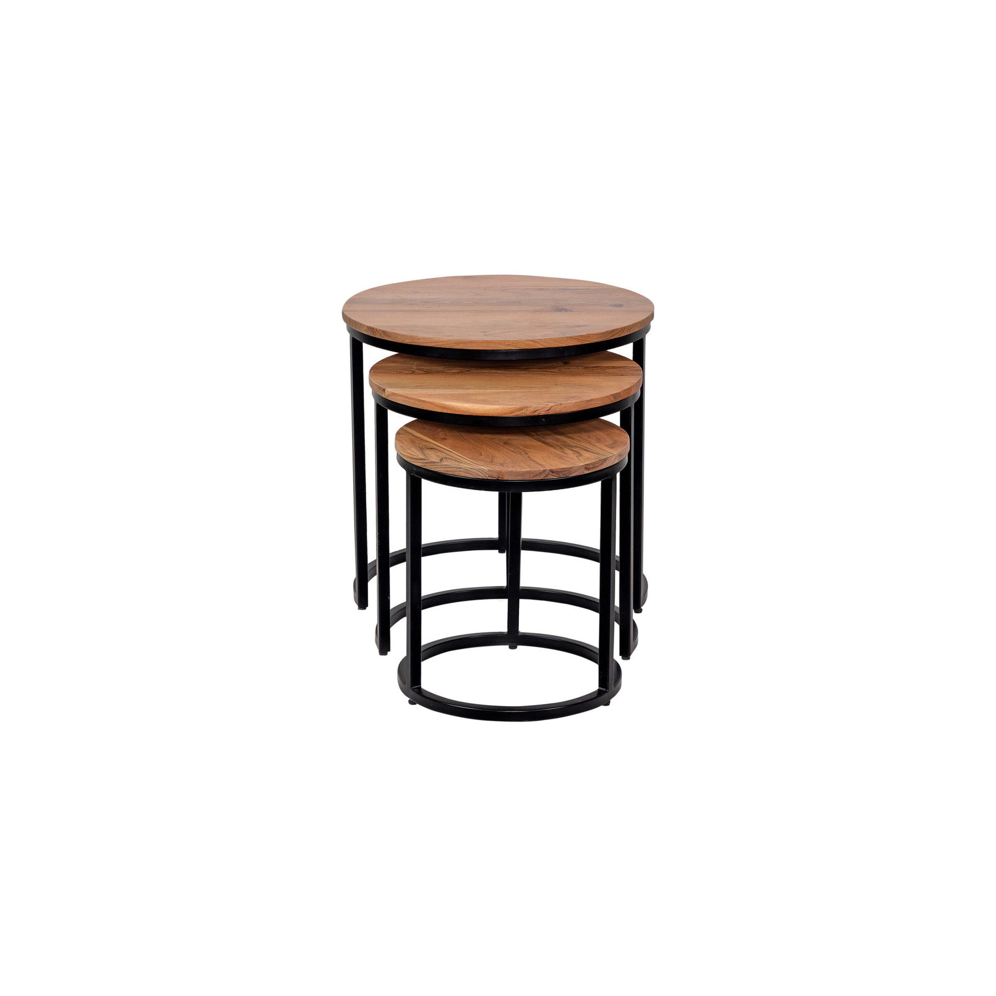 Brown Wood Nesting Side End Accent Table with Round Black Iron Frames