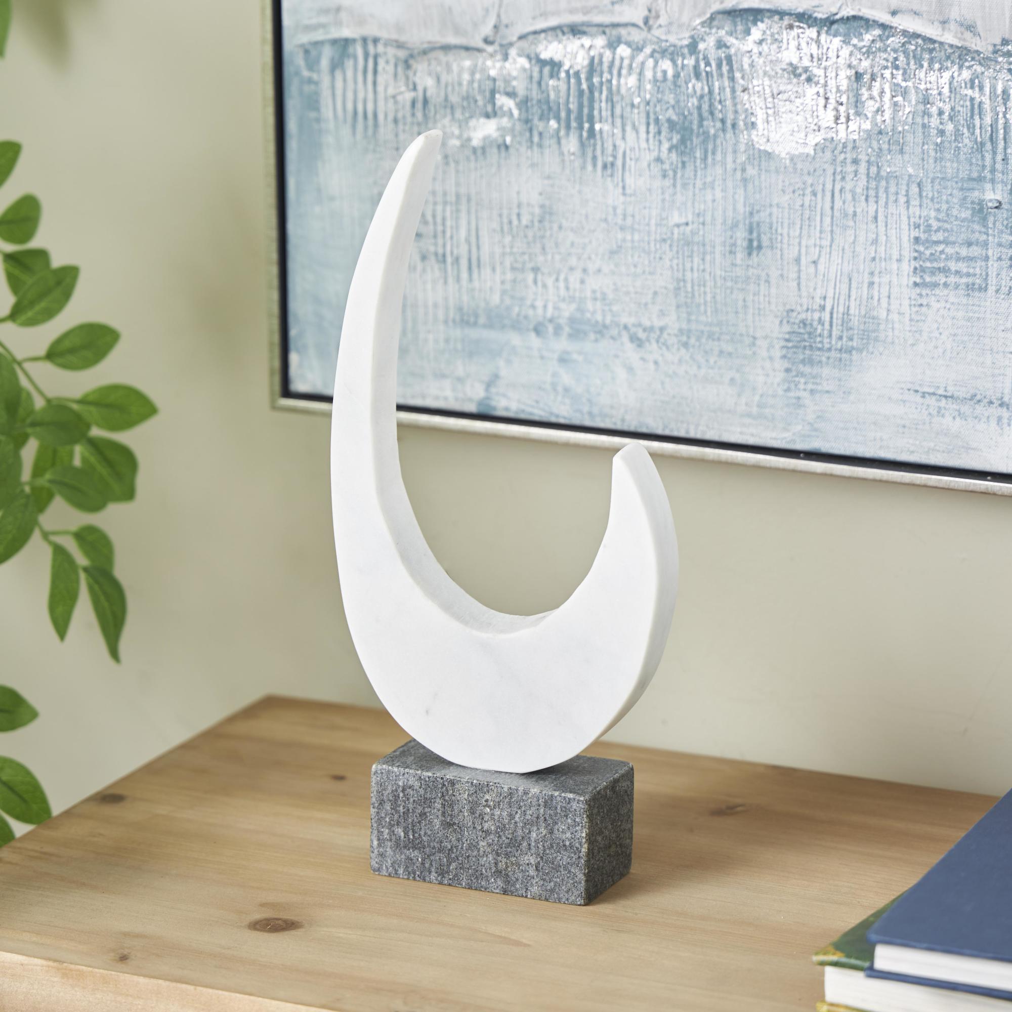 Abstract White Marble Curved Decorative Sculpture with Black Block Base