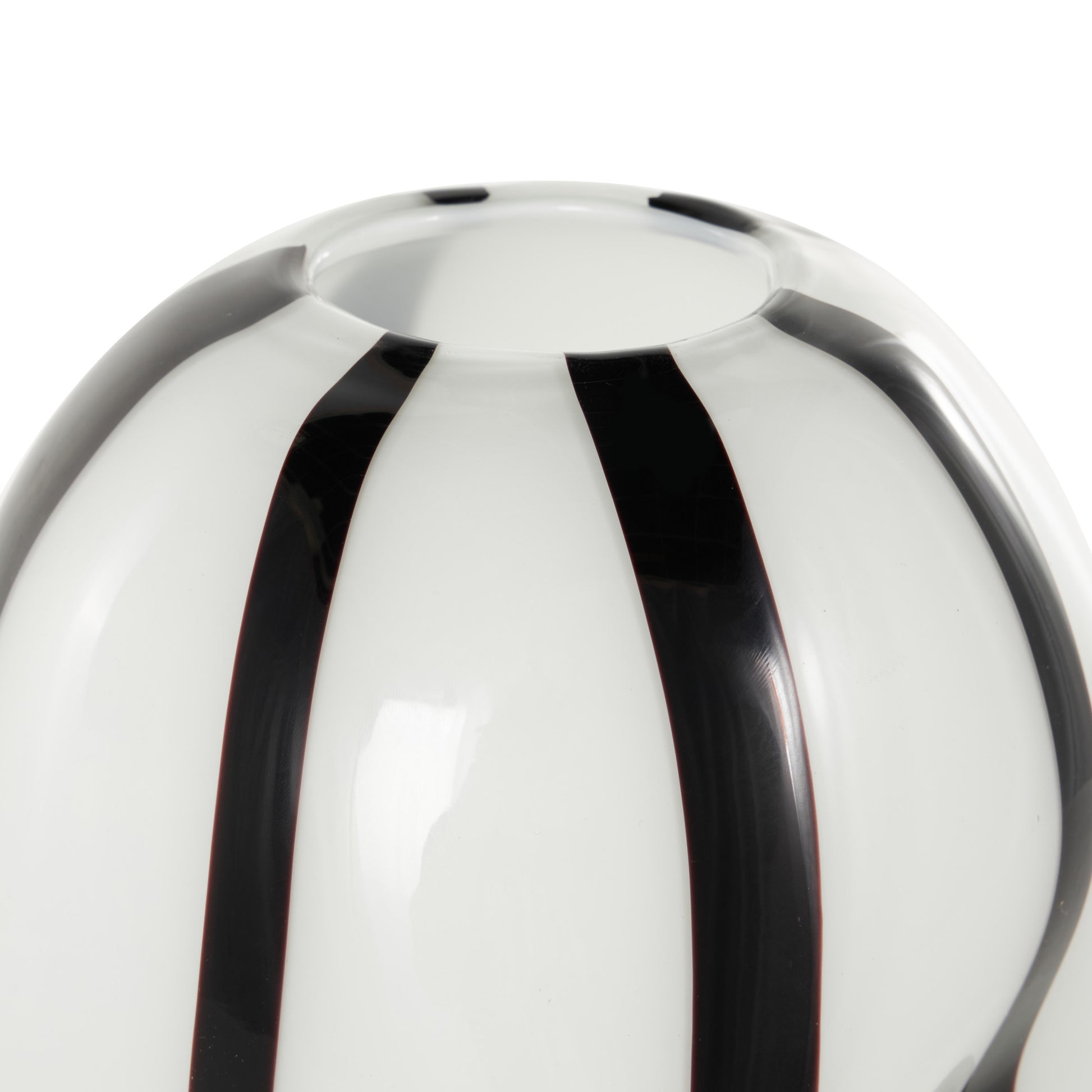 White Glass Concaved Round Decorative Vase with Black Stripes