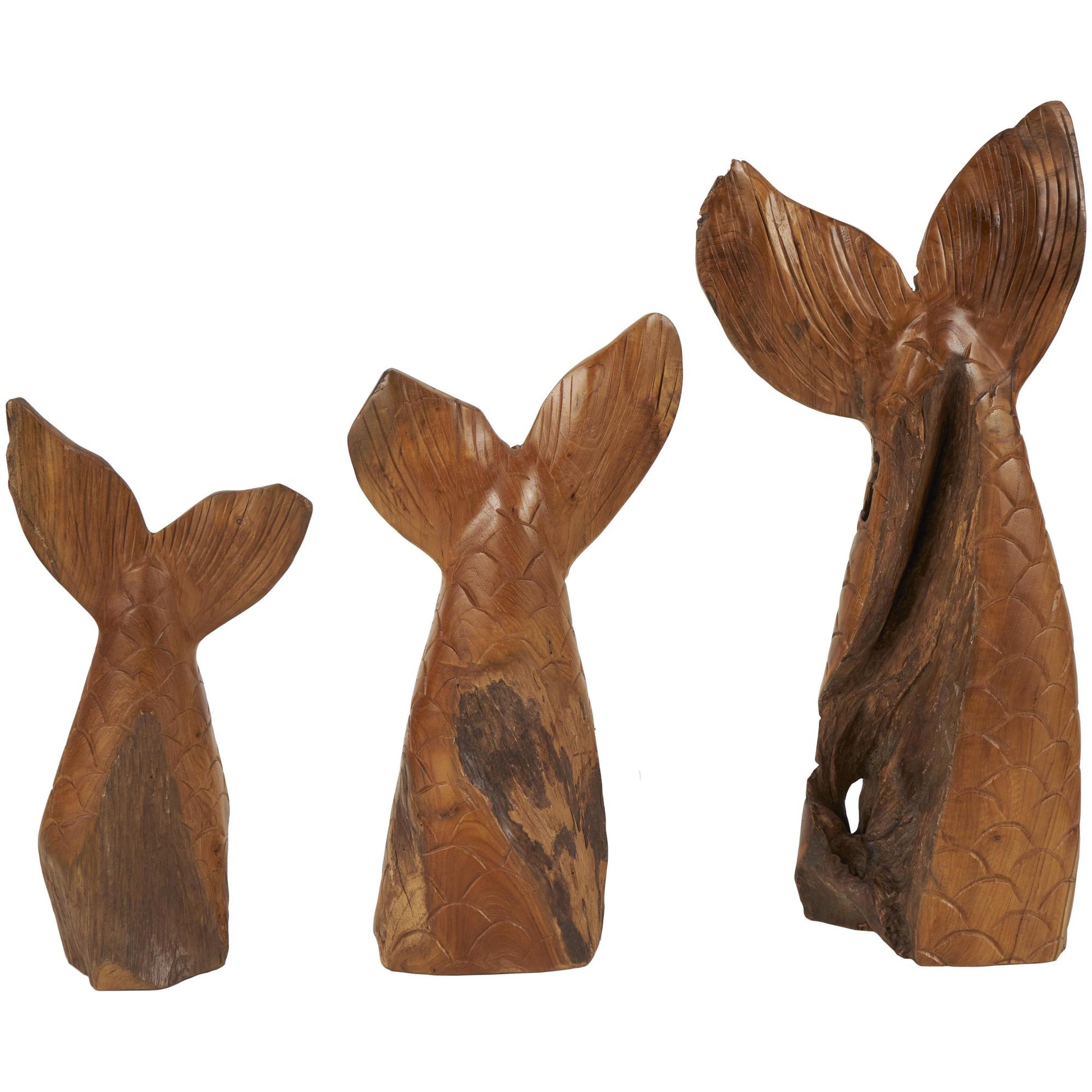 Set of 3 Whale Brown Teak Wood Handmade Tail Live Edge Decorative Sculpture with Intricate Carvings