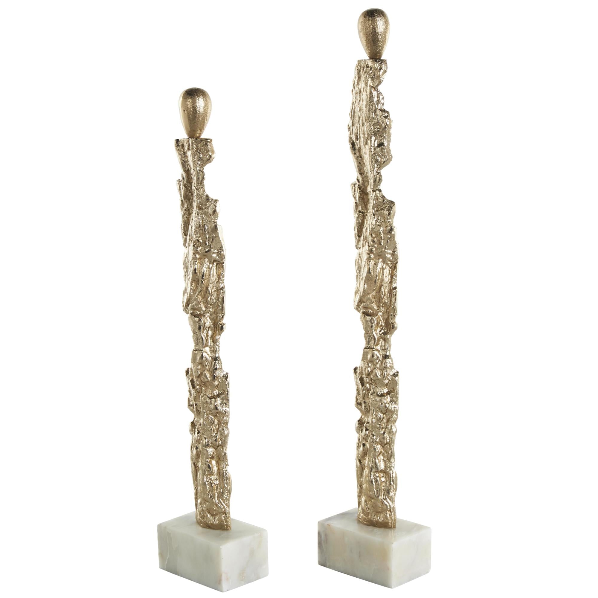 Set of 2 Abstract Gold Aluminum Metal Tall Textured Figurine Decorative Sculpture with Marble Bases