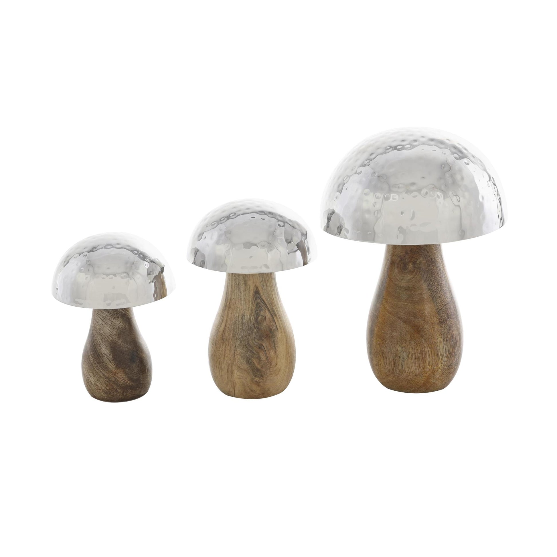 Set of 3 Mushroom Stainless Steel Metal Handmade Hammered Decorative Sculpture with Brown Wood Bases