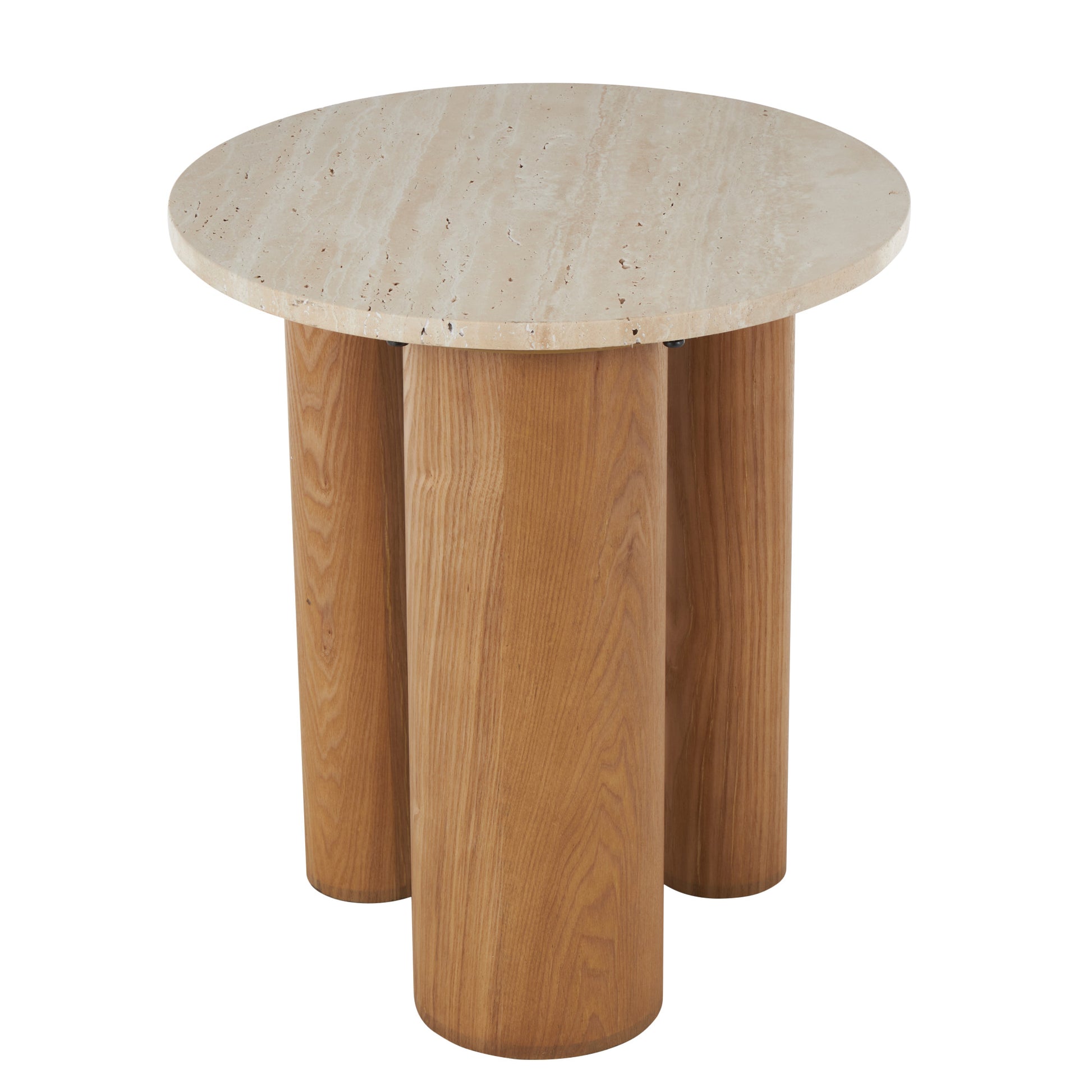 Brown Wood Side End Accent Table with Beige Round Marble Tabletop