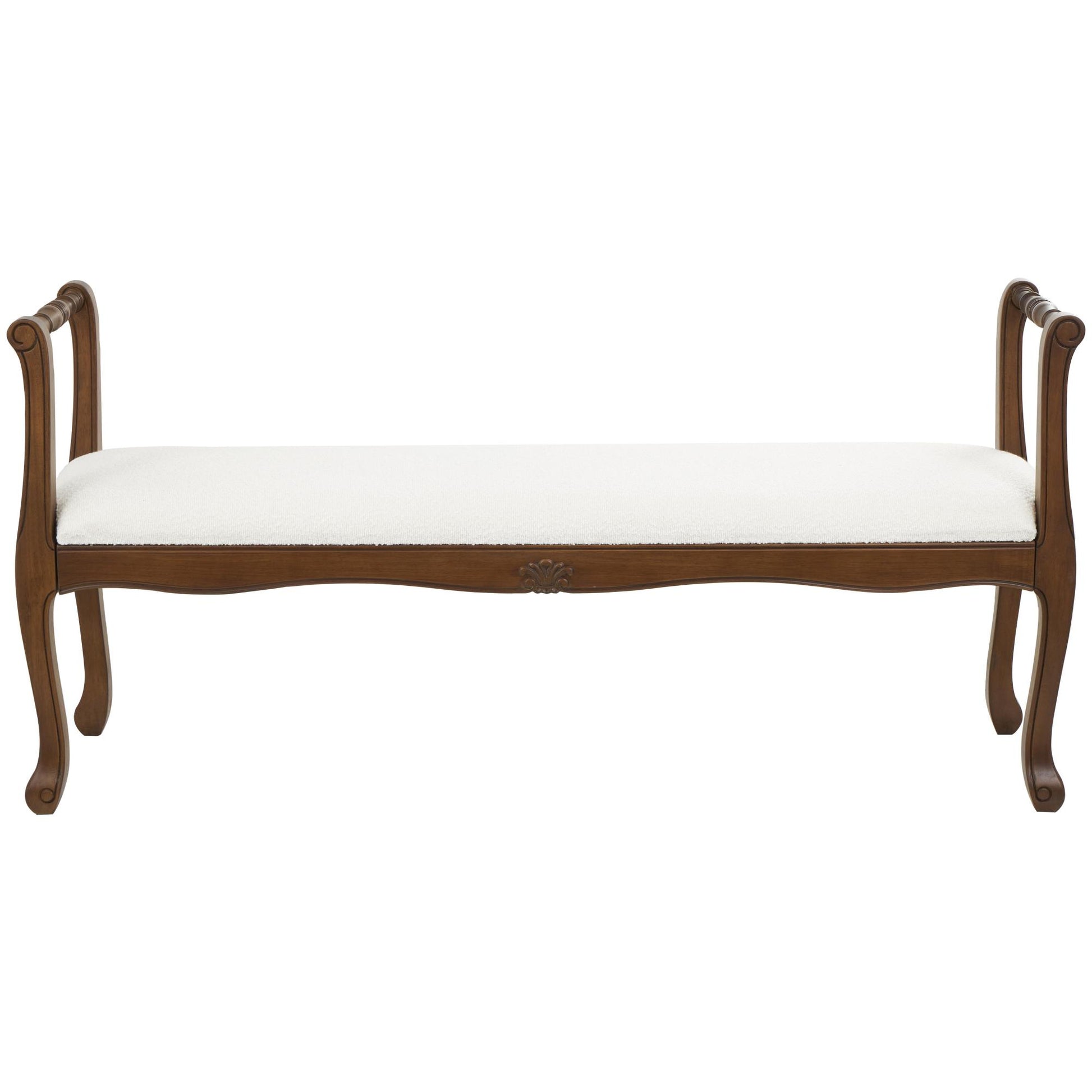 Cream Fabric Arm Home Bench with Brown Traditional Wood Turned Legs