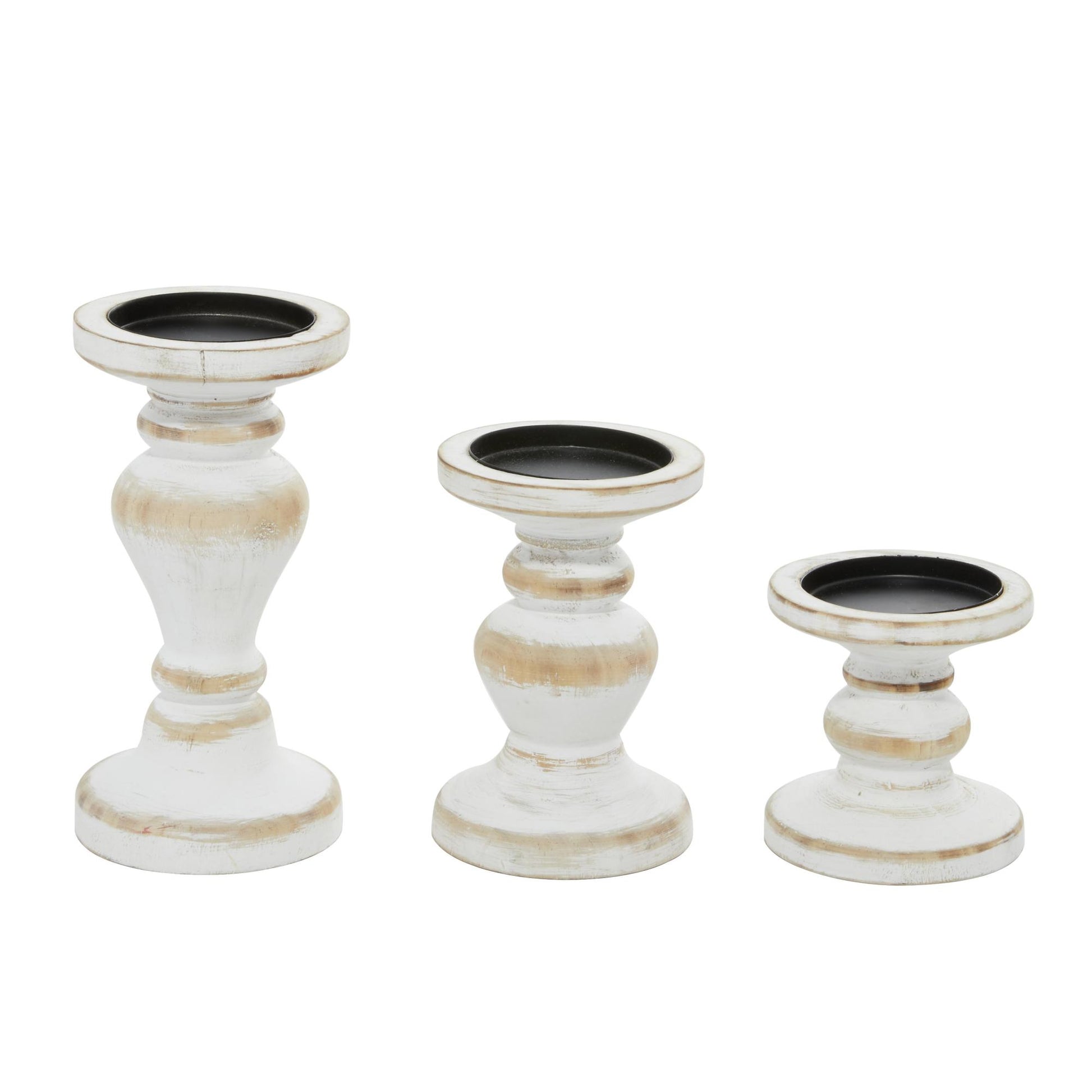 Set of 3 Wood Beaded Pillar Decorative Candle Holder Set of 3 4", 6", 8"H